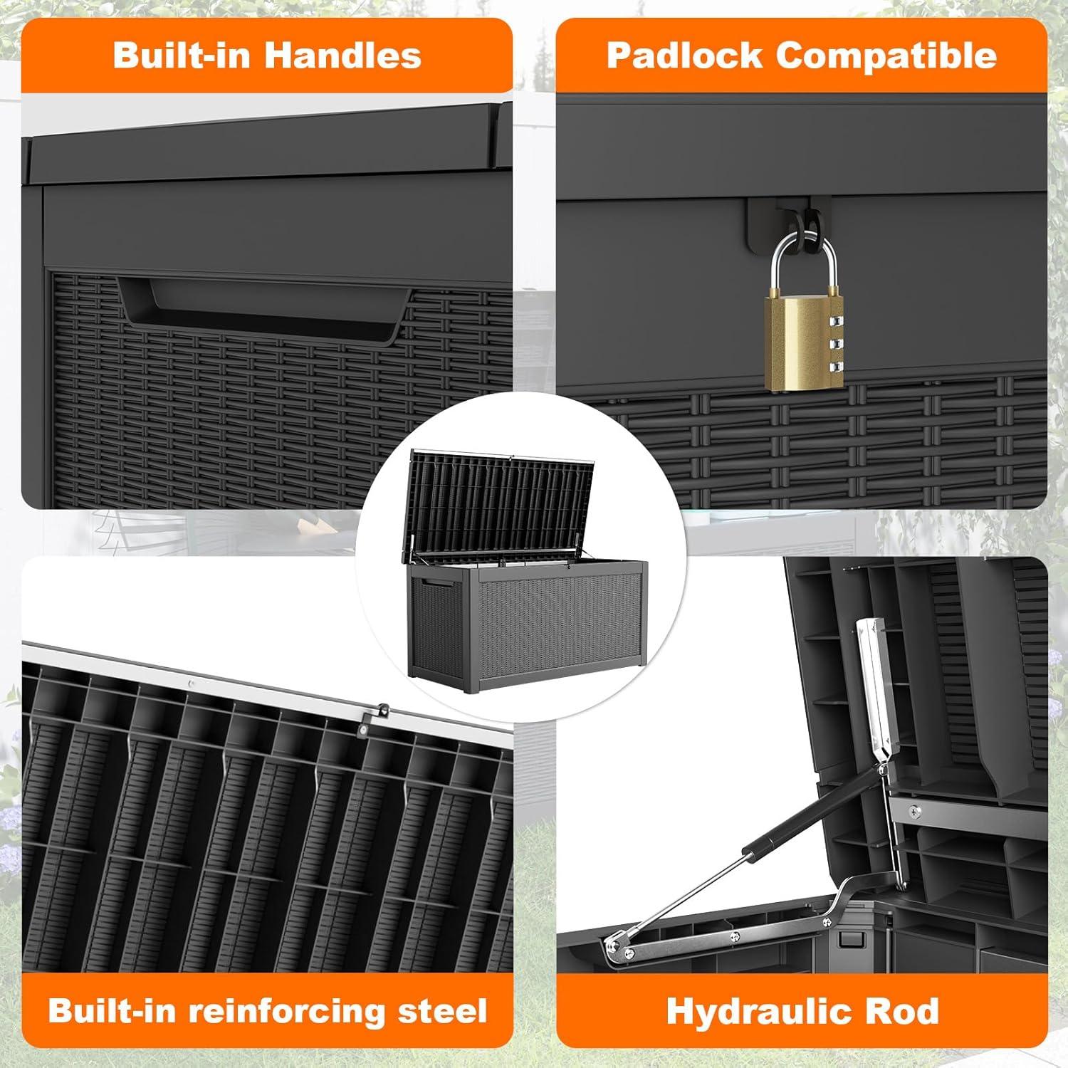 image100 Gallon Resin Deck Box Lockable Patio Outdoor Storage Box for Furniture Garden Tools and Tools Storage Waterproof Outside Storage Boxes  BlackBlack