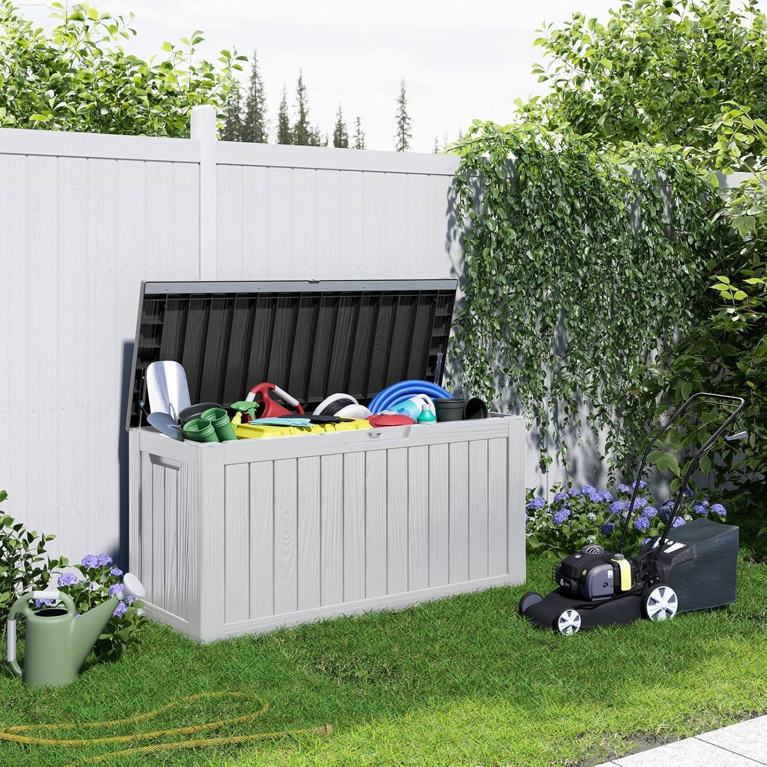 image100 Gallon Resin Deck Box Lockable Patio Outdoor Storage Box for Furniture Garden Tools and Tools Storage Waterproof Outside Storage Boxes  BlackBlackWhite