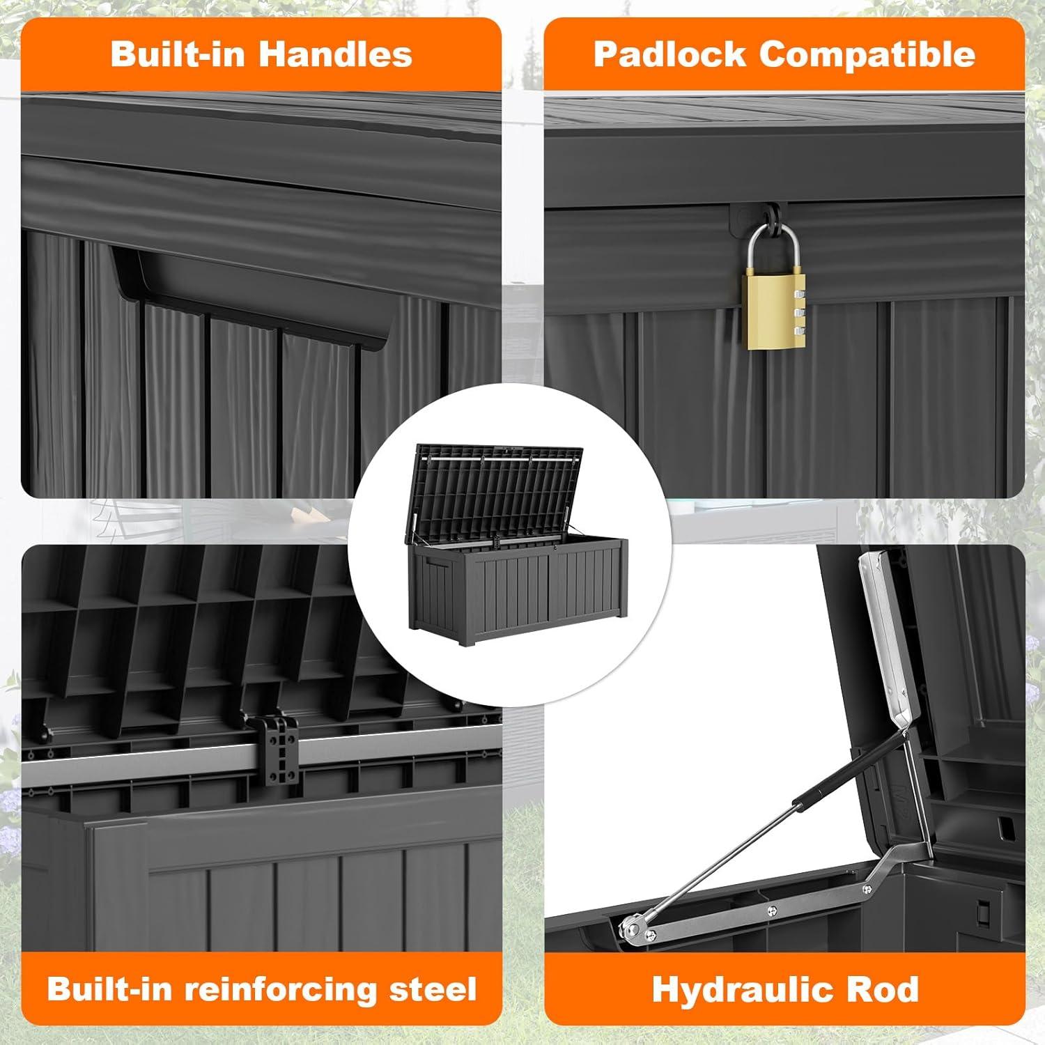 image100 Gallon Resin Deck Box Lockable Patio Outdoor Storage Box for Furniture Garden Tools and Tools Storage Waterproof Outside Storage Boxes  BlackBlack