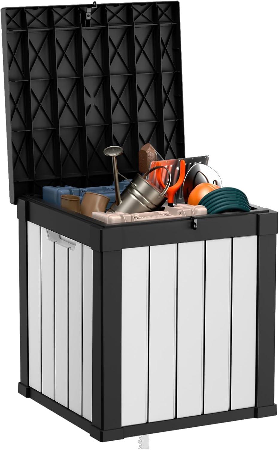 image100 Gallon Resin Deck Box Lockable Patio Outdoor Storage Box for Furniture Garden Tools and Tools Storage Waterproof Outside Storage Boxes  BlackBlackWhite