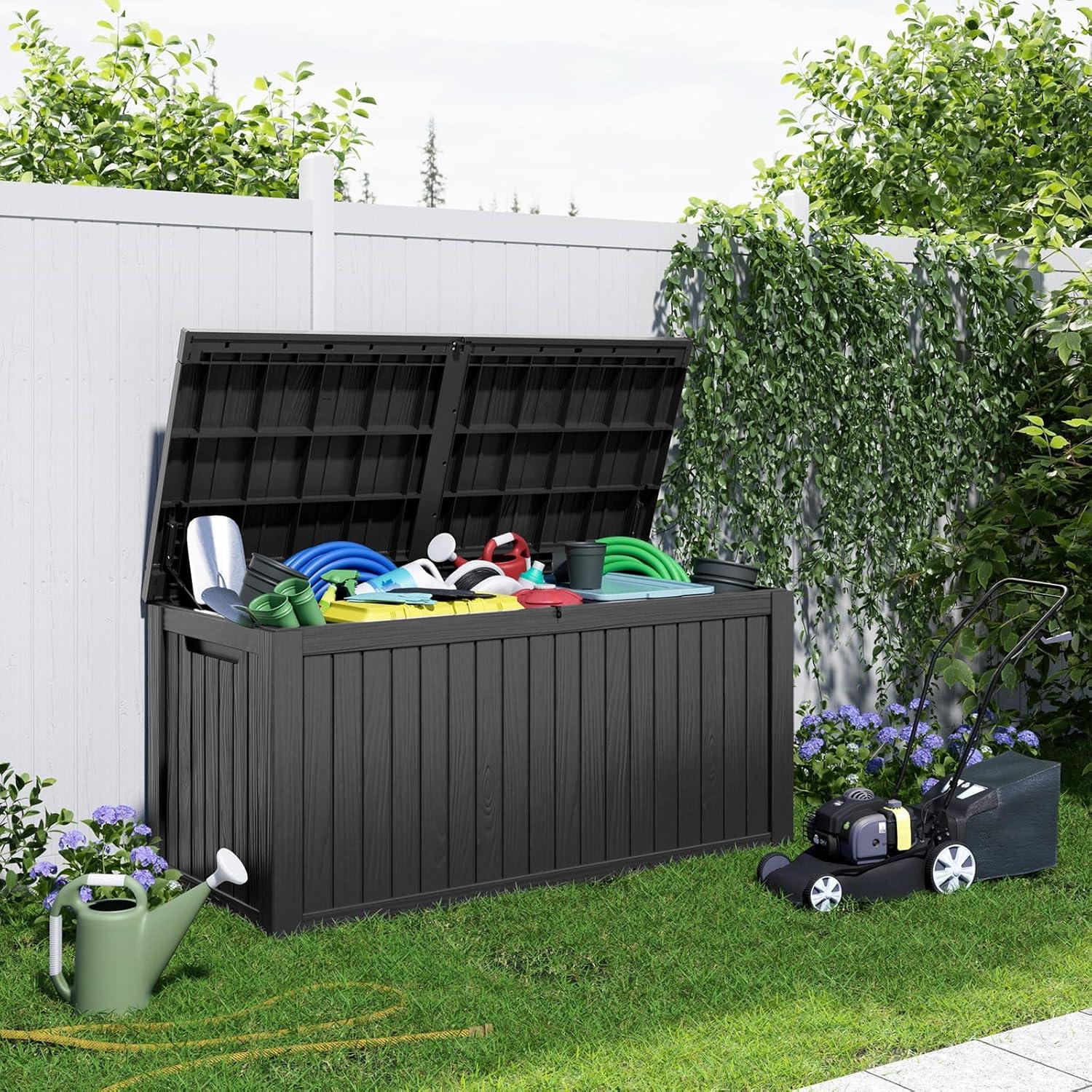 image100 Gallon Resin Deck Box Lockable Patio Outdoor Storage Box for Furniture Garden Tools and Tools Storage Waterproof Outside Storage Boxes  BlackBlack