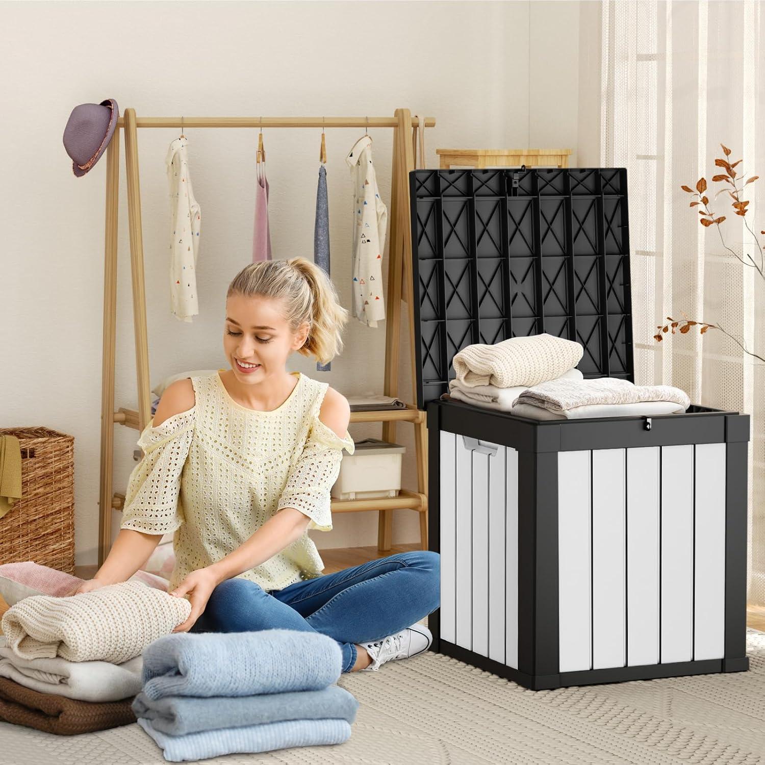 image100 Gallon Resin Deck Box Lockable Patio Outdoor Storage Box for Furniture Garden Tools and Tools Storage Waterproof Outside Storage Boxes  BlackBlackWhite