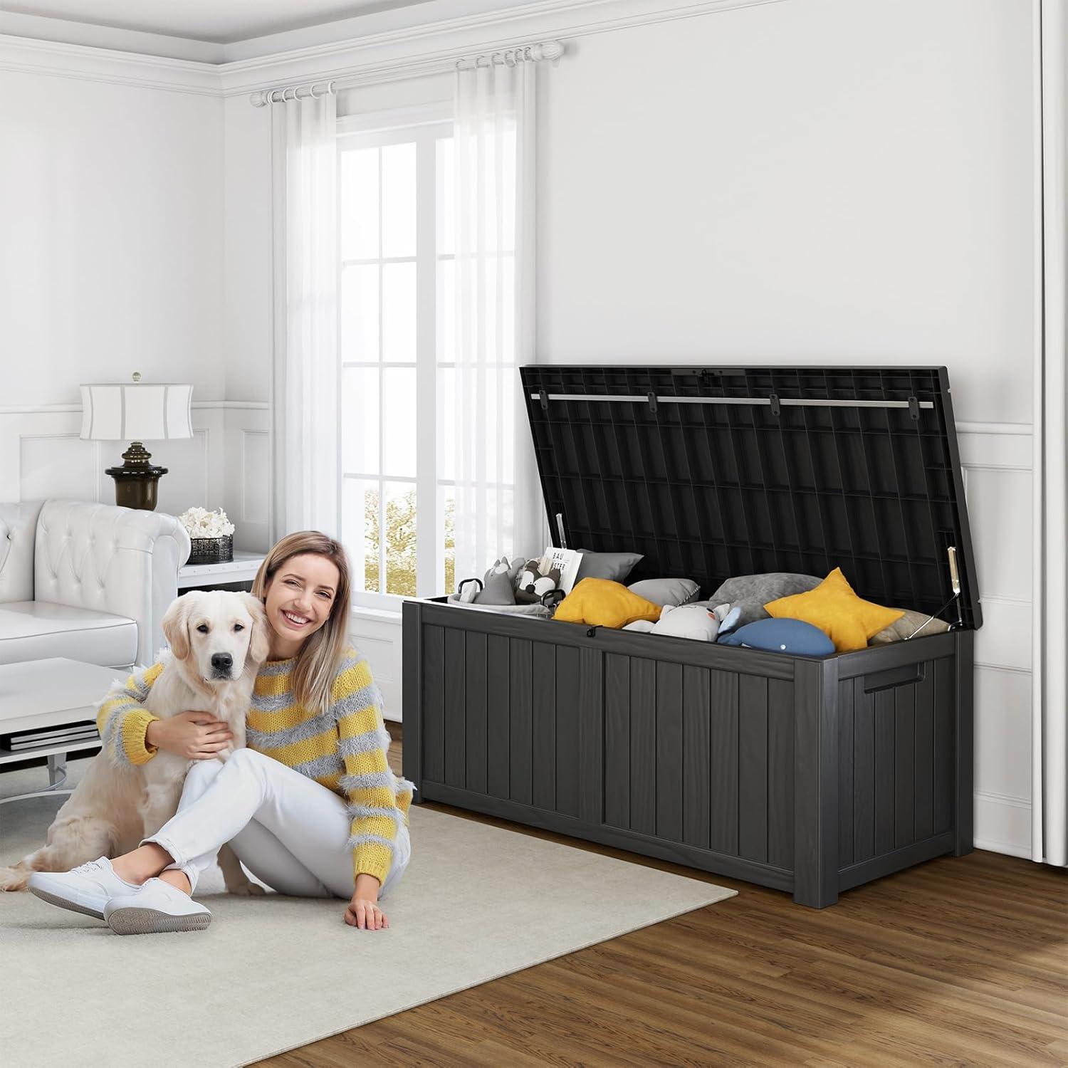 image100 Gallon Resin Deck Box Lockable Patio Outdoor Storage Box for Furniture Garden Tools and Tools Storage Waterproof Outside Storage Boxes  BlackBlack