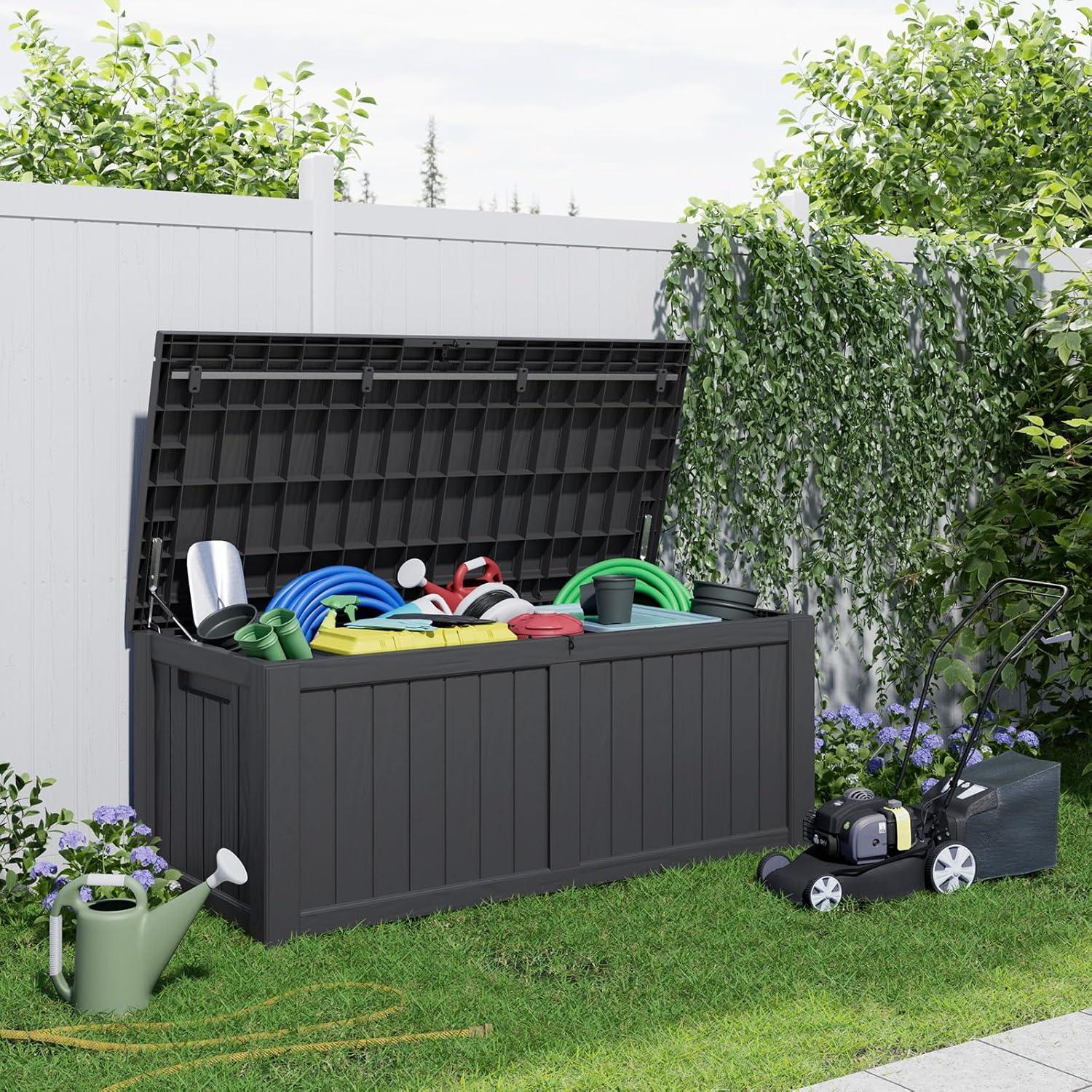 image100 Gallon Resin Deck Box Lockable Patio Outdoor Storage Box for Furniture Garden Tools and Tools Storage Waterproof Outside Storage Boxes  BlackBlack