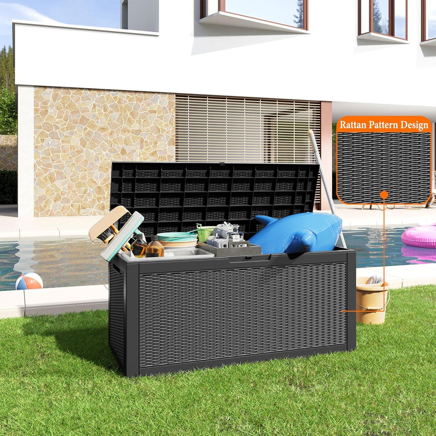 image100 Gallon Resin Deck Box Lockable Patio Outdoor Storage Box for Furniture Garden Tools and Tools Storage Waterproof Outside Storage Boxes  BlackBlack