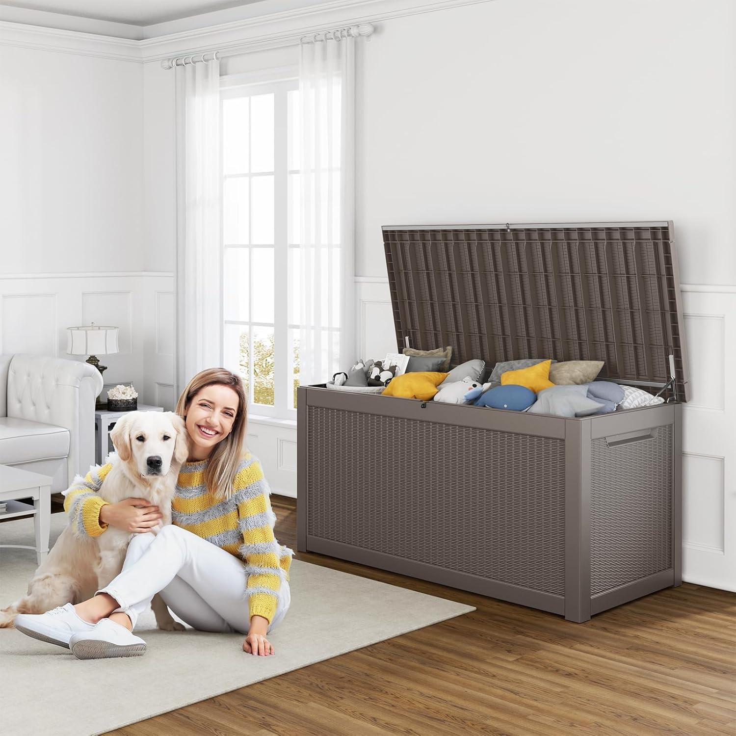 image100 Gallon Resin Deck Box Lockable Patio Outdoor Storage Box for Furniture Garden Tools and Tools Storage Waterproof Outside Storage Boxes  BlackGrey