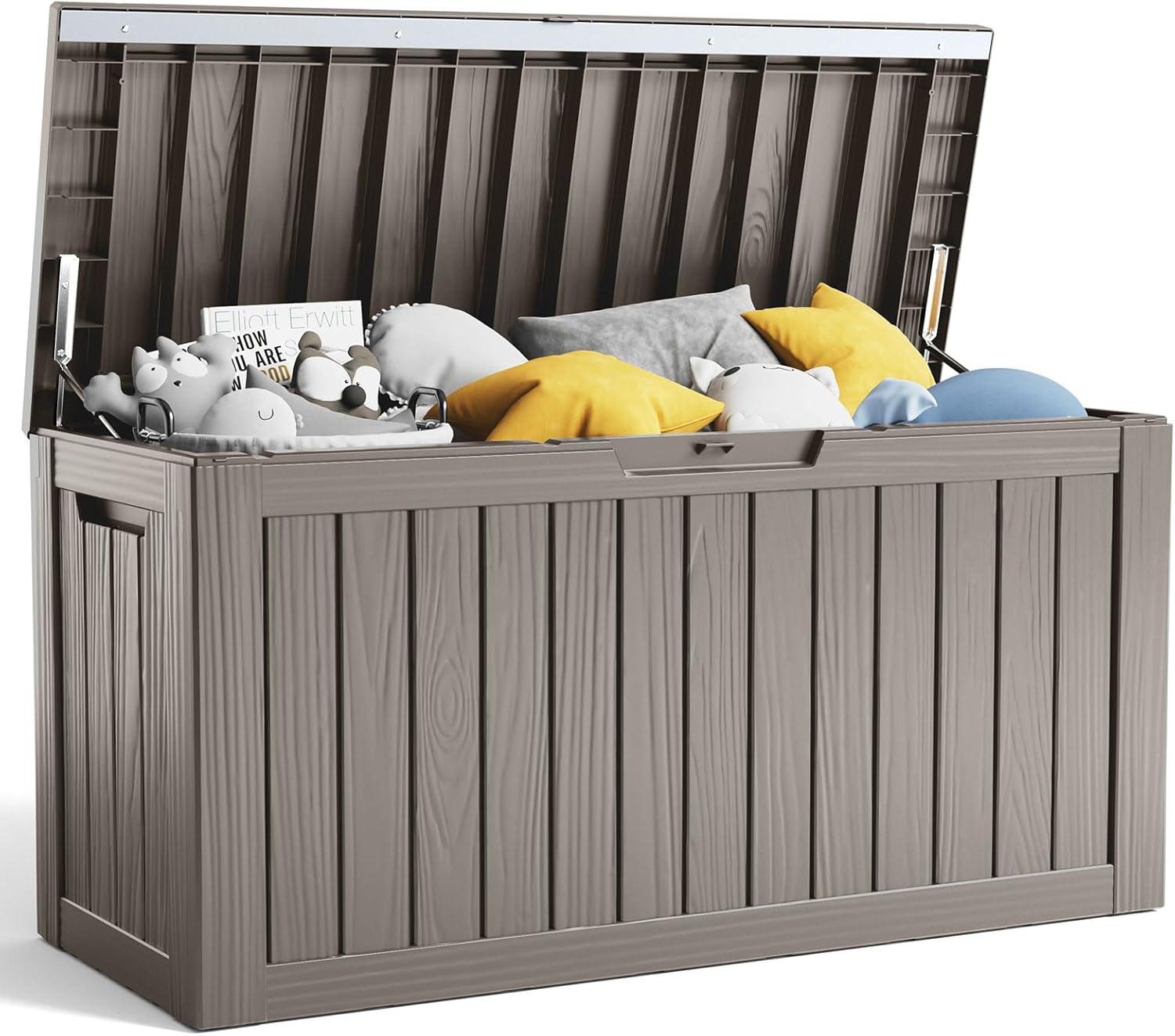 image100 Gallon Resin Deck Box Lockable Patio Outdoor Storage Box for Furniture Garden Tools and Tools Storage Waterproof Outside Storage Boxes  BlackGrey