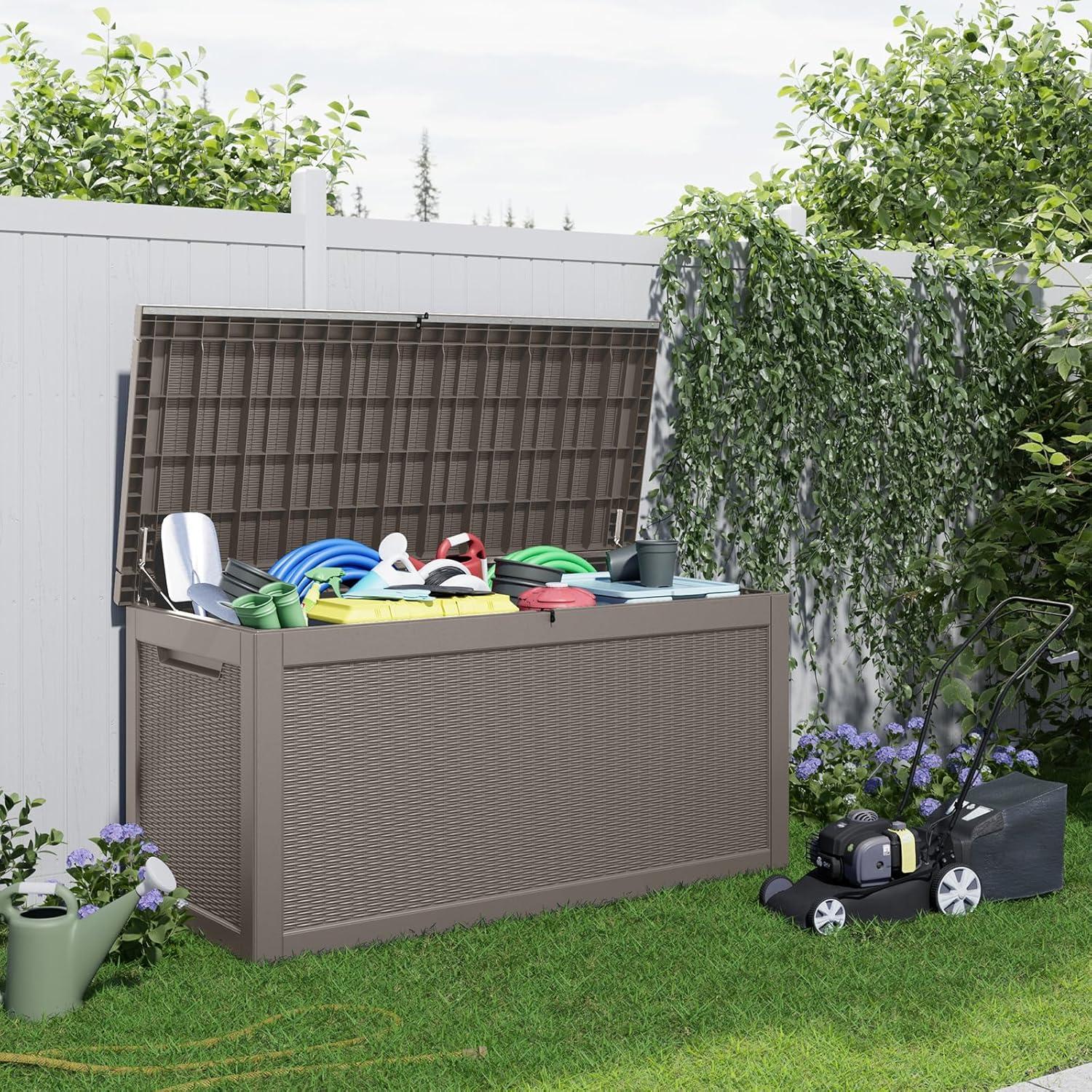 image100 Gallon Resin Deck Box Lockable Patio Outdoor Storage Box for Furniture Garden Tools and Tools Storage Waterproof Outside Storage Boxes  BlackGrey