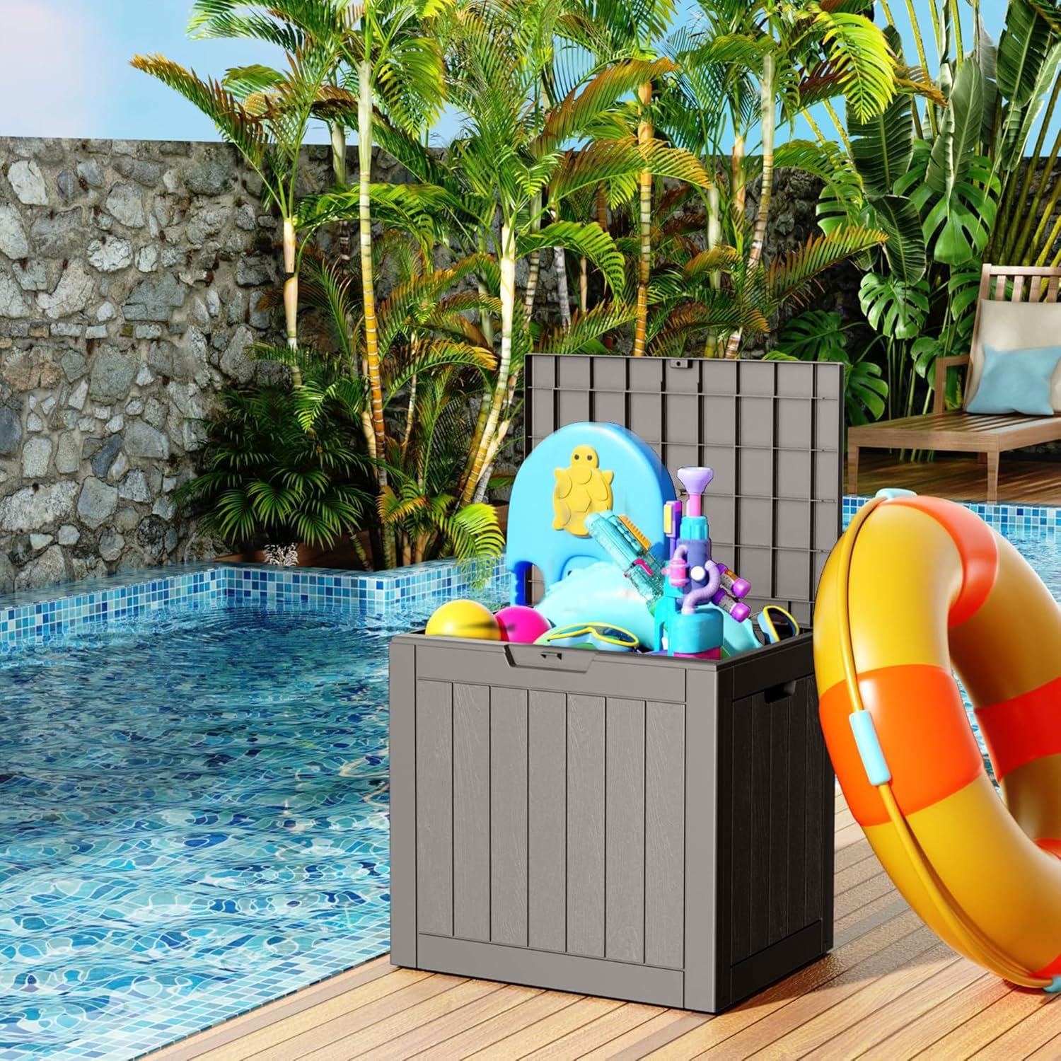 image100 Gallon Resin Deck Box Lockable Patio Outdoor Storage Box for Furniture Garden Tools and Tools Storage Waterproof Outside Storage Boxes  BlackGrey