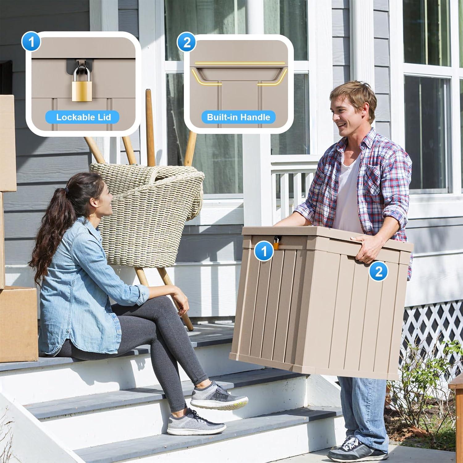 image100 Gallon Resin Deck Box Lockable Patio Outdoor Storage Box for Furniture Garden Tools and Tools Storage Waterproof Outside Storage Boxes  BlackGrey