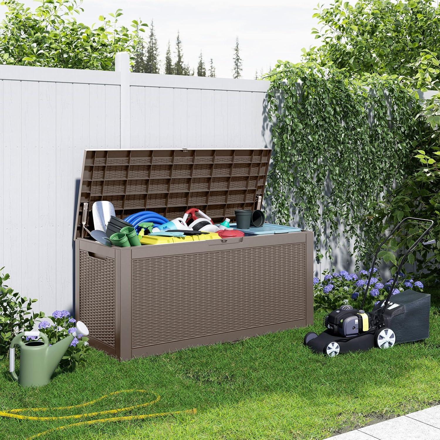 image100 Gallon Resin Deck Box Lockable Patio Outdoor Storage Box for Furniture Garden Tools and Tools Storage Waterproof Outside Storage Boxes  BlackGrey