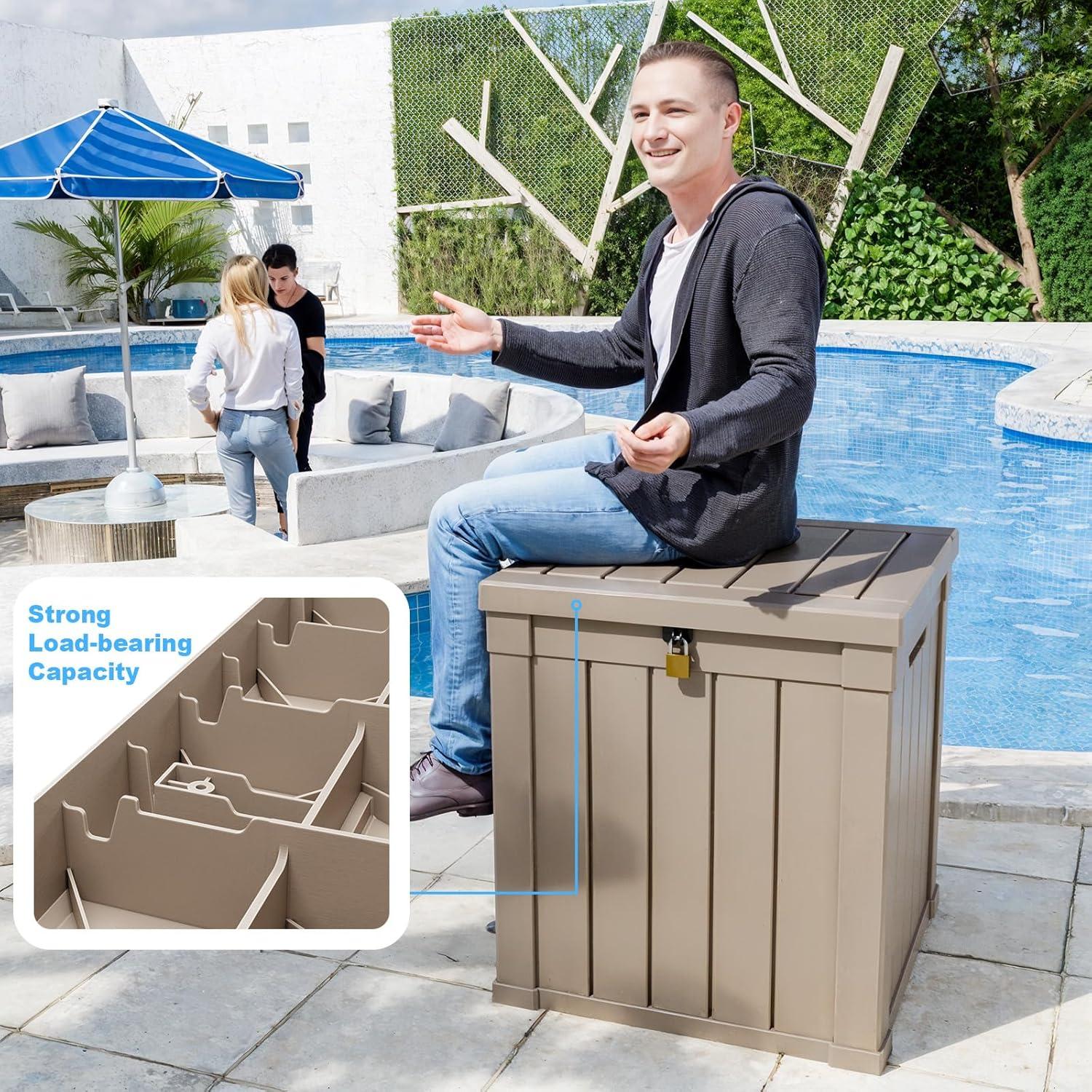 image100 Gallon Resin Deck Box Lockable Patio Outdoor Storage Box for Furniture Garden Tools and Tools Storage Waterproof Outside Storage Boxes  BlackGrey