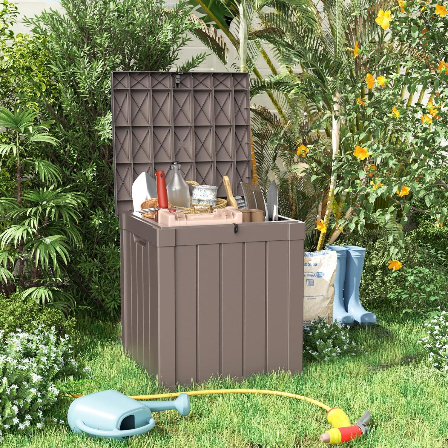 image100 Gallon Resin Deck Box Lockable Patio Outdoor Storage Box for Furniture Garden Tools and Tools Storage Waterproof Outside Storage Boxes  BlackGrey