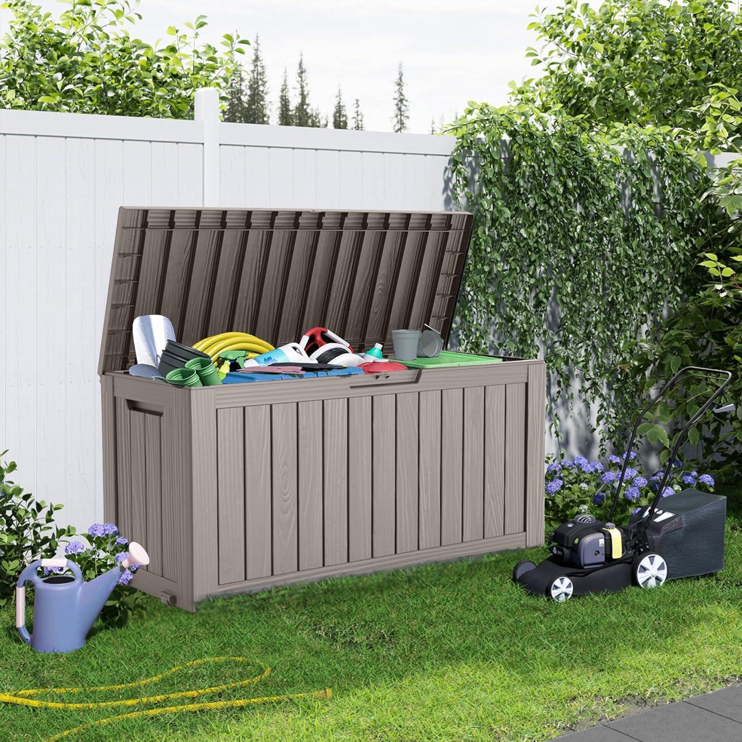 image100 Gallon Resin Deck Box Lockable Patio Outdoor Storage Box for Furniture Garden Tools and Tools Storage Waterproof Outside Storage Boxes  BlackGrey