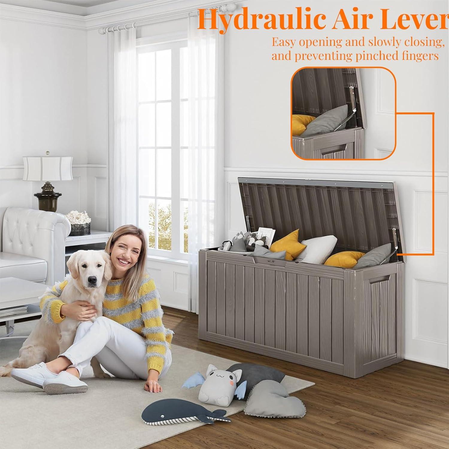 image100 Gallon Resin Deck Box Lockable Patio Outdoor Storage Box for Furniture Garden Tools and Tools Storage Waterproof Outside Storage Boxes  BlackGrey