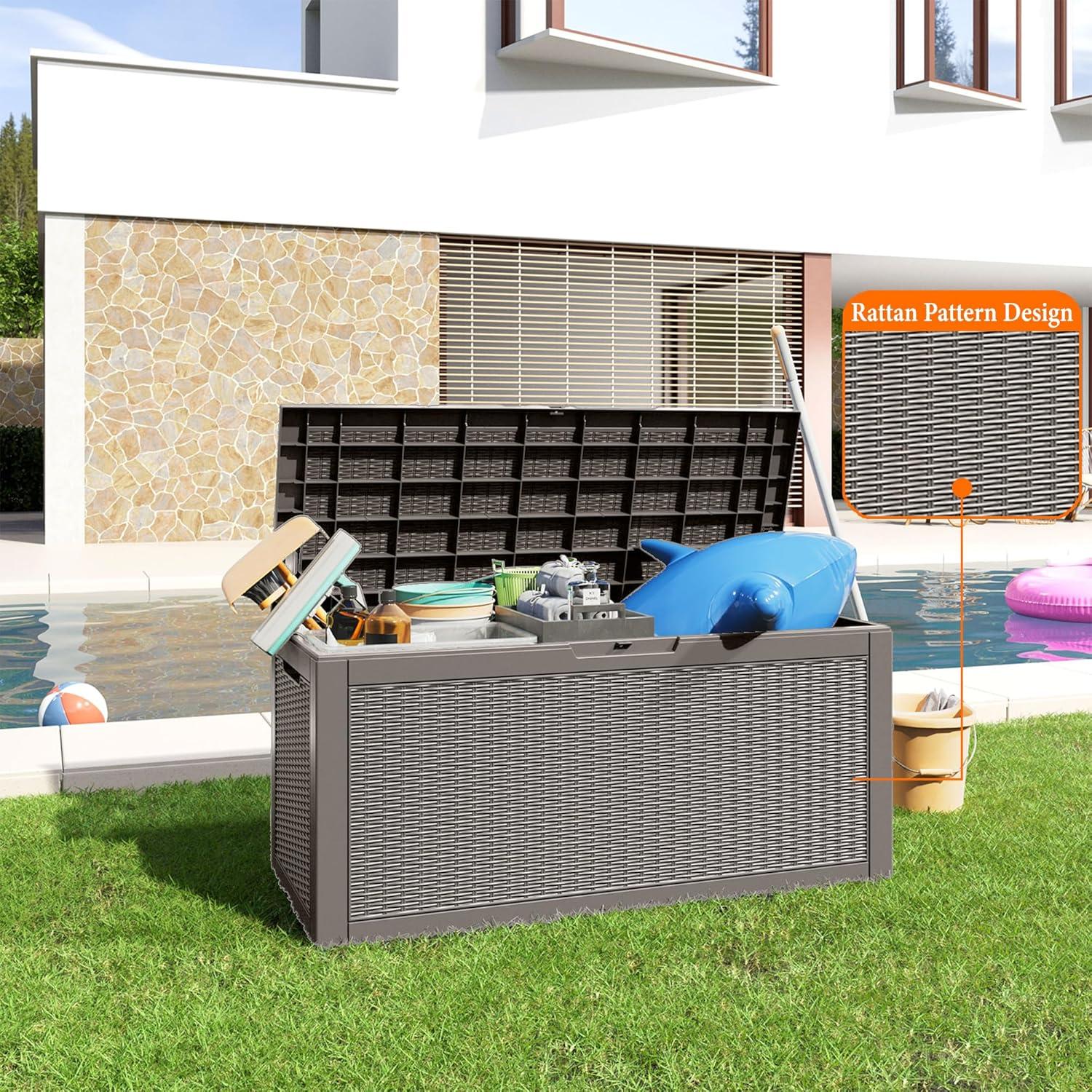 image100 Gallon Resin Deck Box Lockable Patio Outdoor Storage Box for Furniture Garden Tools and Tools Storage Waterproof Outside Storage Boxes  BlackGrey