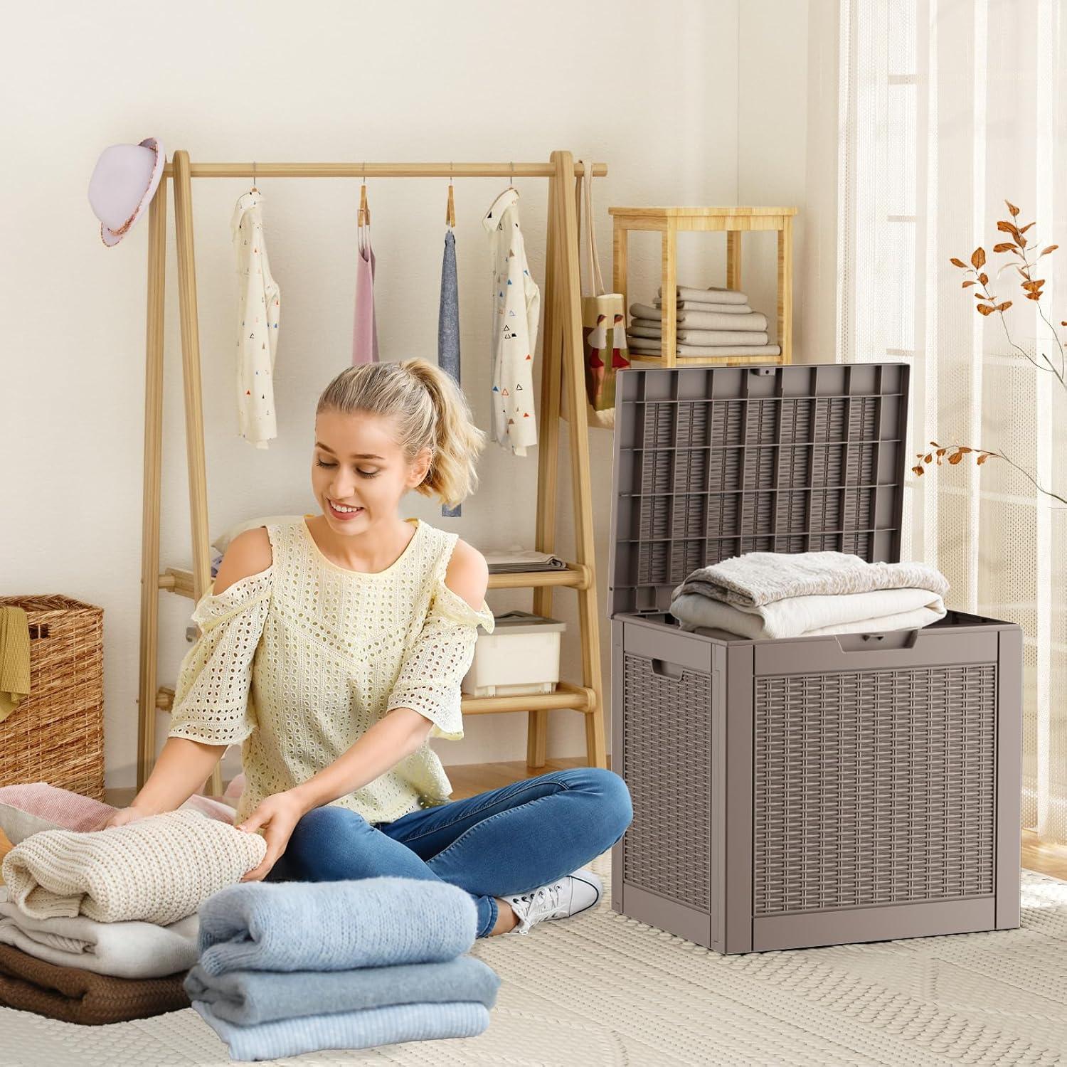 image100 Gallon Resin Deck Box Lockable Patio Outdoor Storage Box for Furniture Garden Tools and Tools Storage Waterproof Outside Storage Boxes  BlackGrey