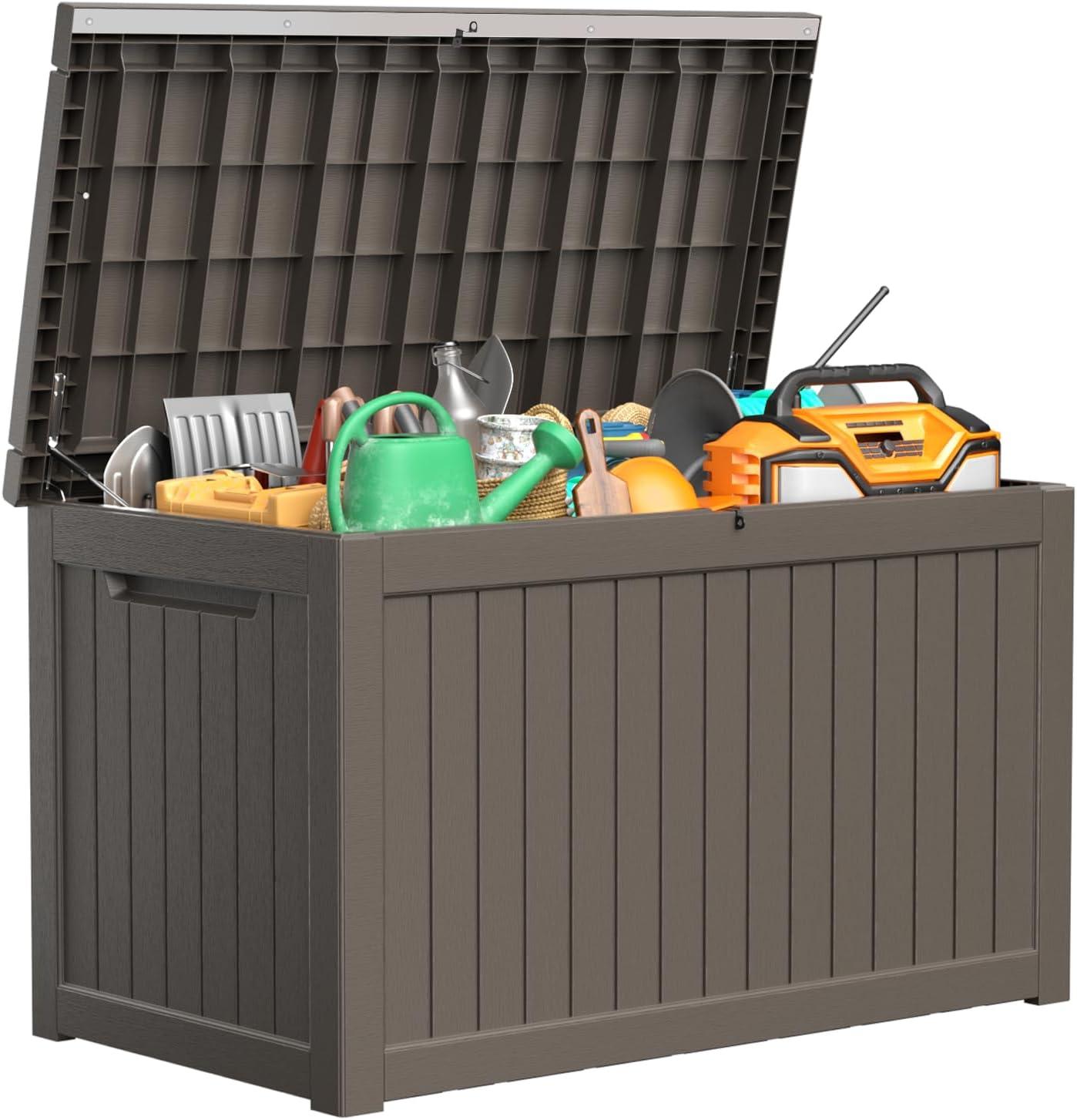 image100 Gallon Resin Deck Box Lockable Patio Outdoor Storage Box for Furniture Garden Tools and Tools Storage Waterproof Outside Storage Boxes  BlackGrey