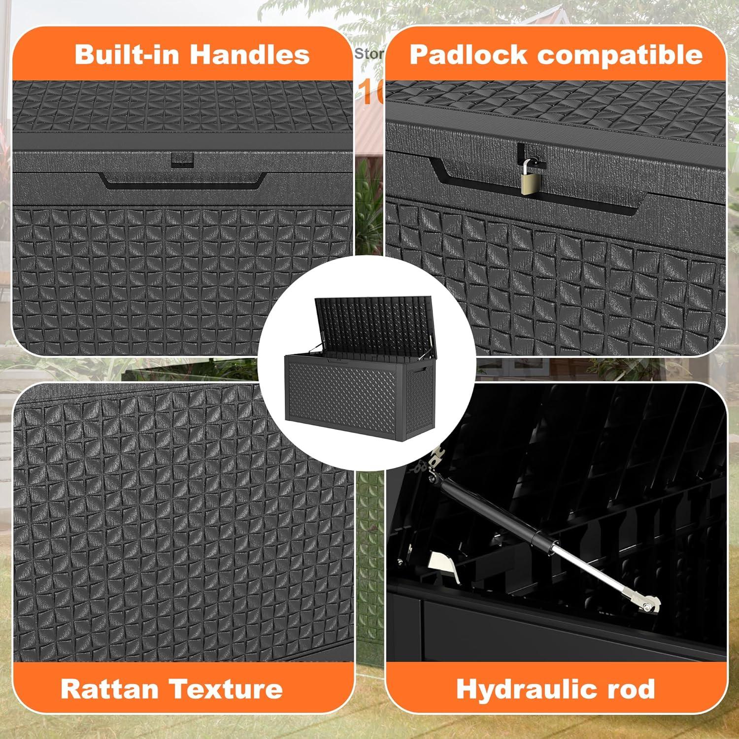 image100 Gallon Resin Deck Box Lockable Patio Outdoor Storage Box for Furniture Garden Tools and Tools Storage Waterproof Outside Storage Boxes  BlackPatterned black