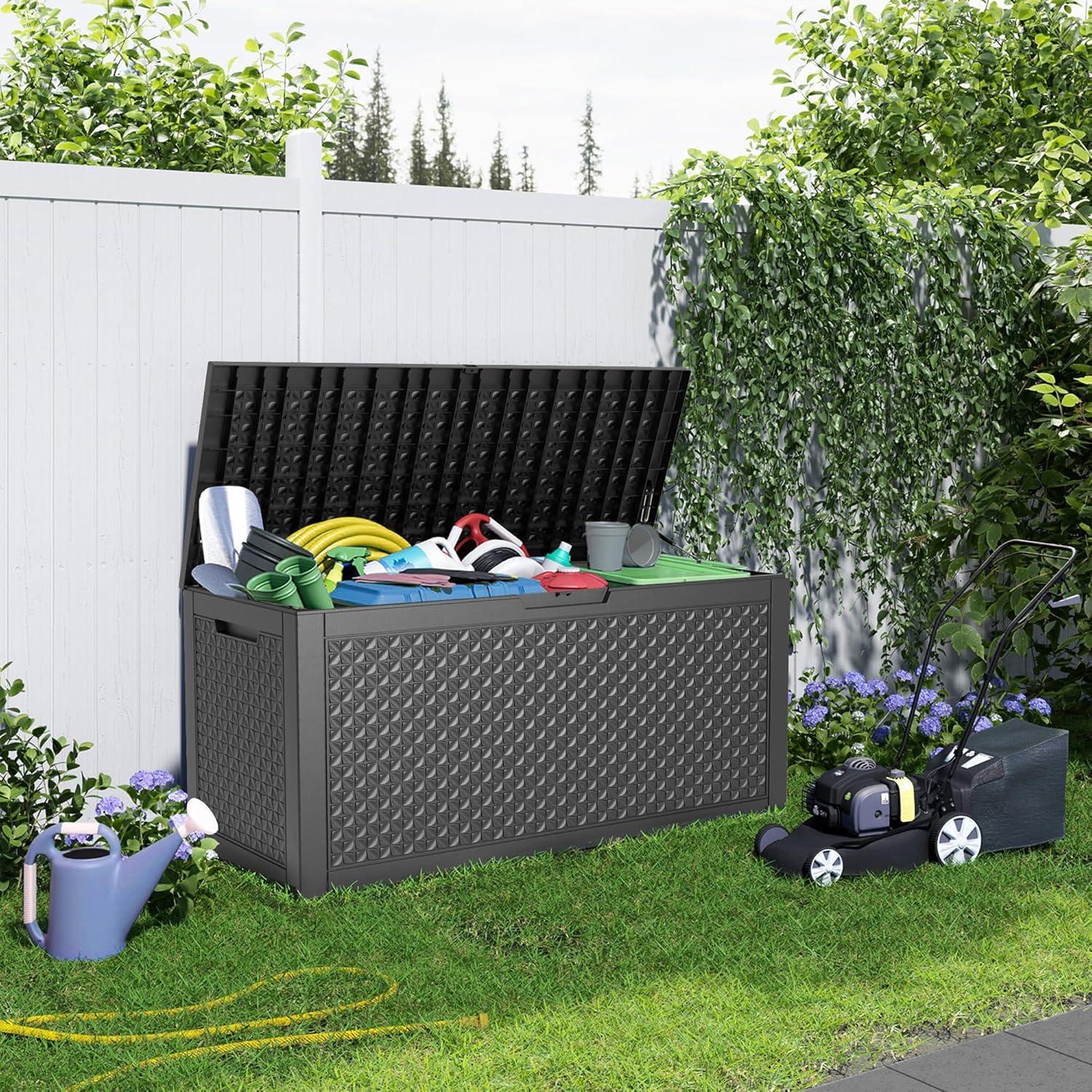 image100 Gallon Resin Deck Box Lockable Patio Outdoor Storage Box for Furniture Garden Tools and Tools Storage Waterproof Outside Storage Boxes  BlackPatterned black