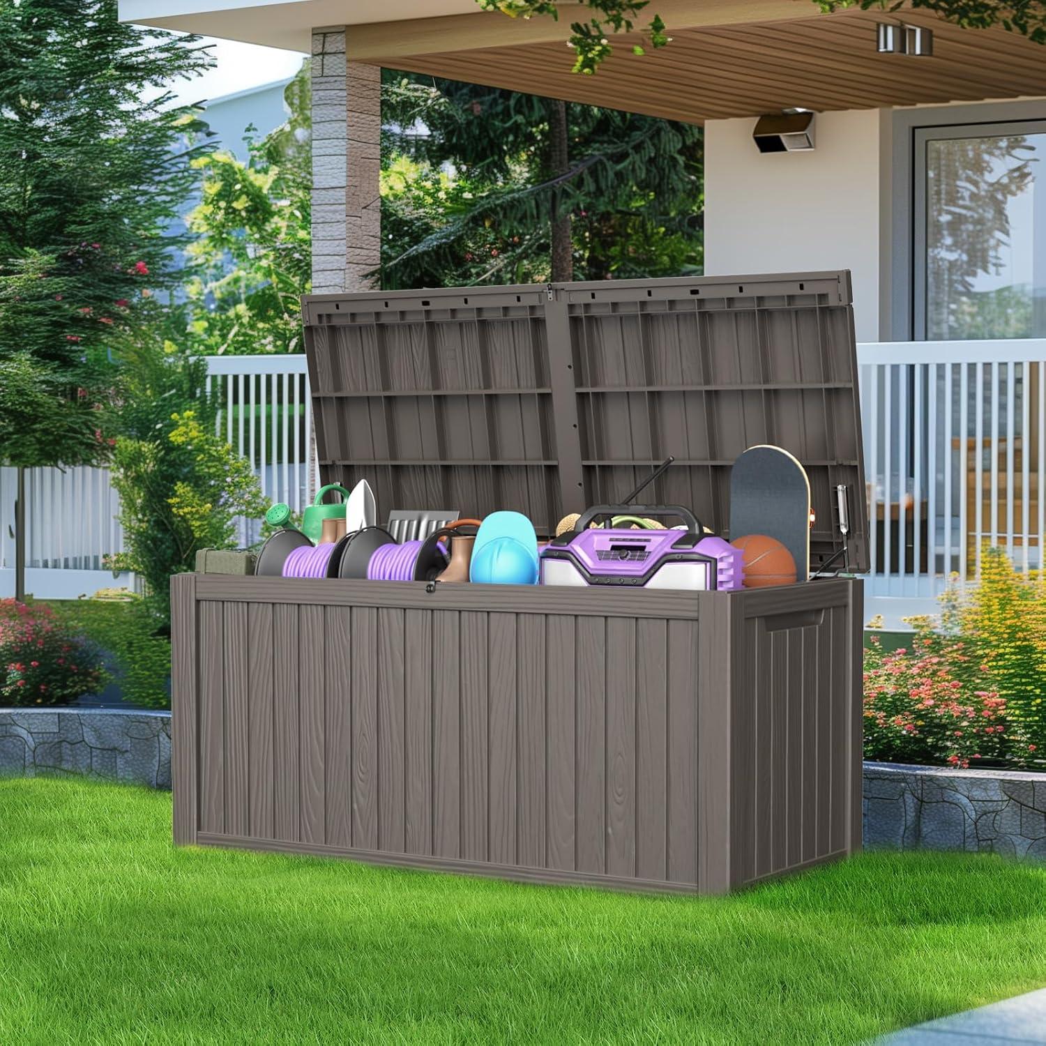 image180 Gallon Large Resin Deck Box Outdoor Lockable Storage Box with Divider for Patio Cushions Storage Furniture Pool Supplies Garden Tools Weatherproof and UV Resistant Light brown