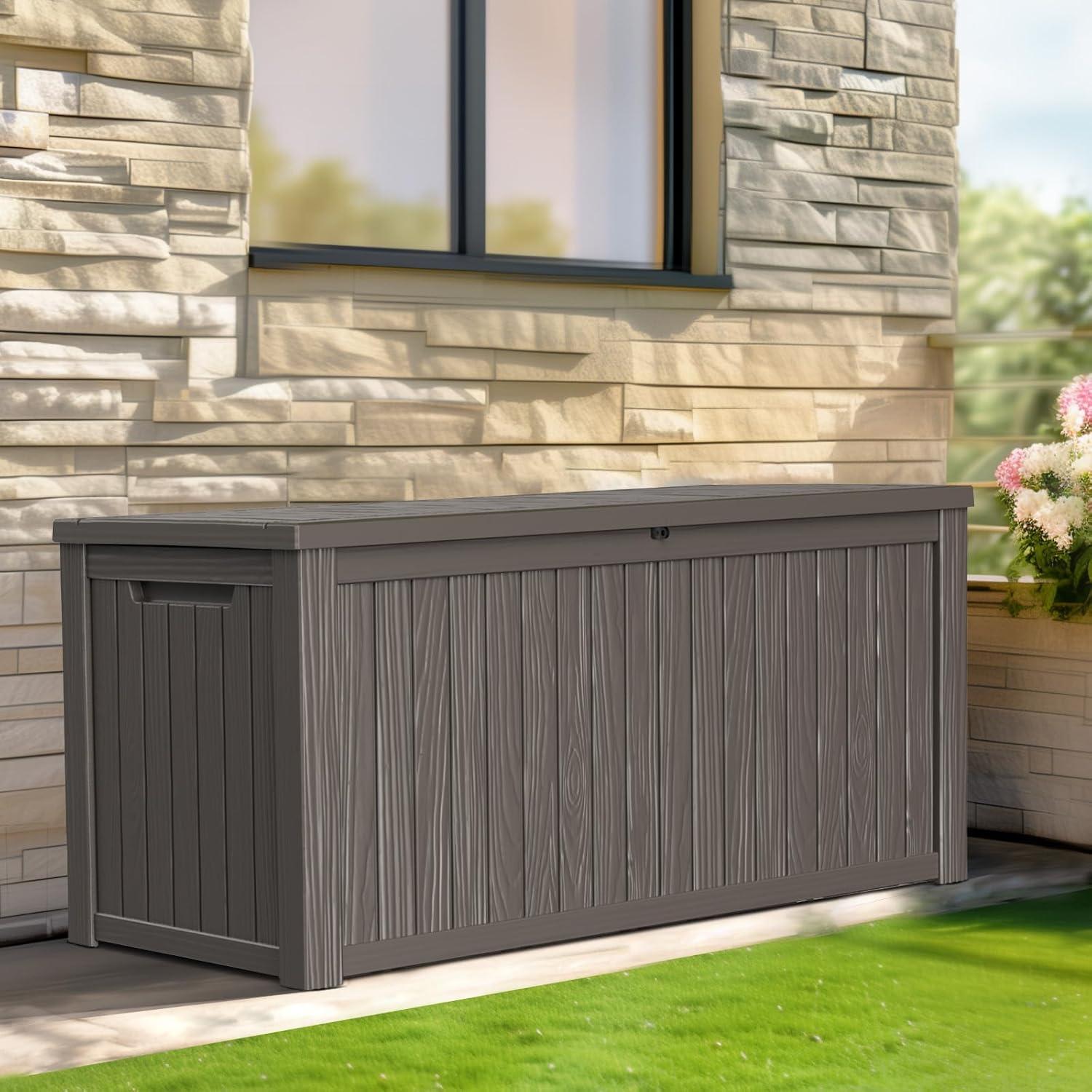 image180 Gallon Large Resin Deck Box Outdoor Lockable Storage Box with Divider for Patio Cushions Storage Furniture Pool Supplies Garden Tools Weatherproof and UV Resistant Light brown