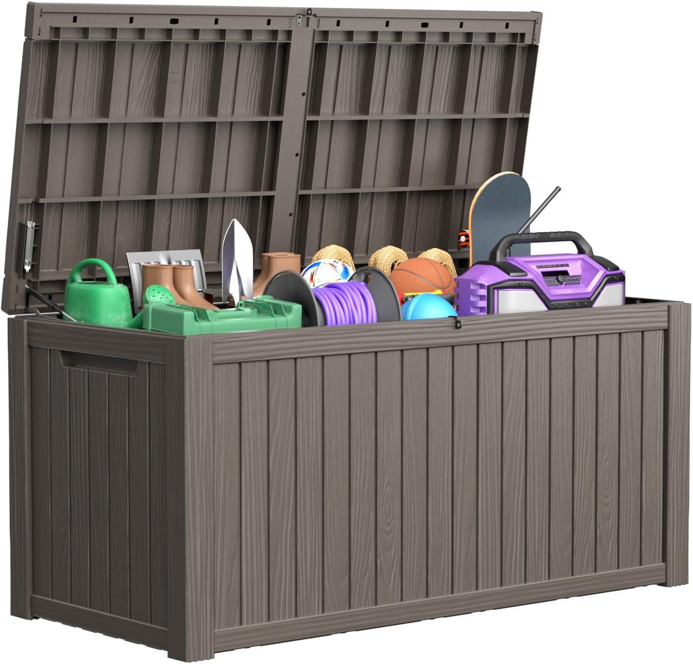 image180 Gallon Large Resin Deck Box Outdoor Lockable Storage Box with Divider for Patio Cushions Storage Furniture Pool Supplies Garden Tools Weatherproof and UV Resistant Light brown