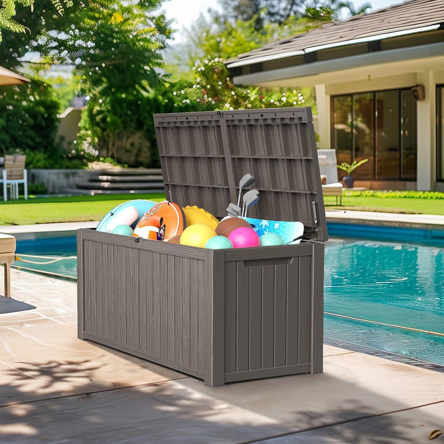 image180 Gallon Large Resin Deck Box Outdoor Lockable Storage Box with Divider for Patio Cushions Storage Furniture Pool Supplies Garden Tools Weatherproof and UV Resistant Light brown