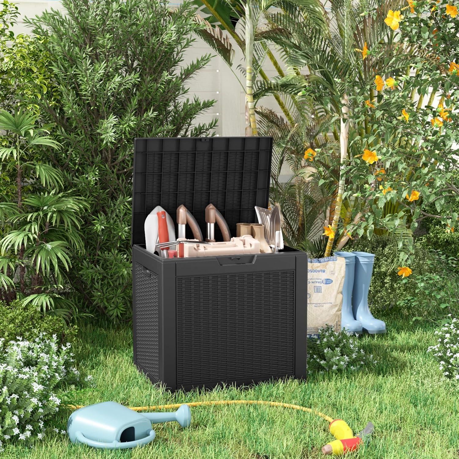 image28 Gallon Resin Deck Box Lockable Patio Outdoor Storage Box for Furniture Garden Tools and Tools Storage Waterproof Outside Storage Boxes  BlackBlack