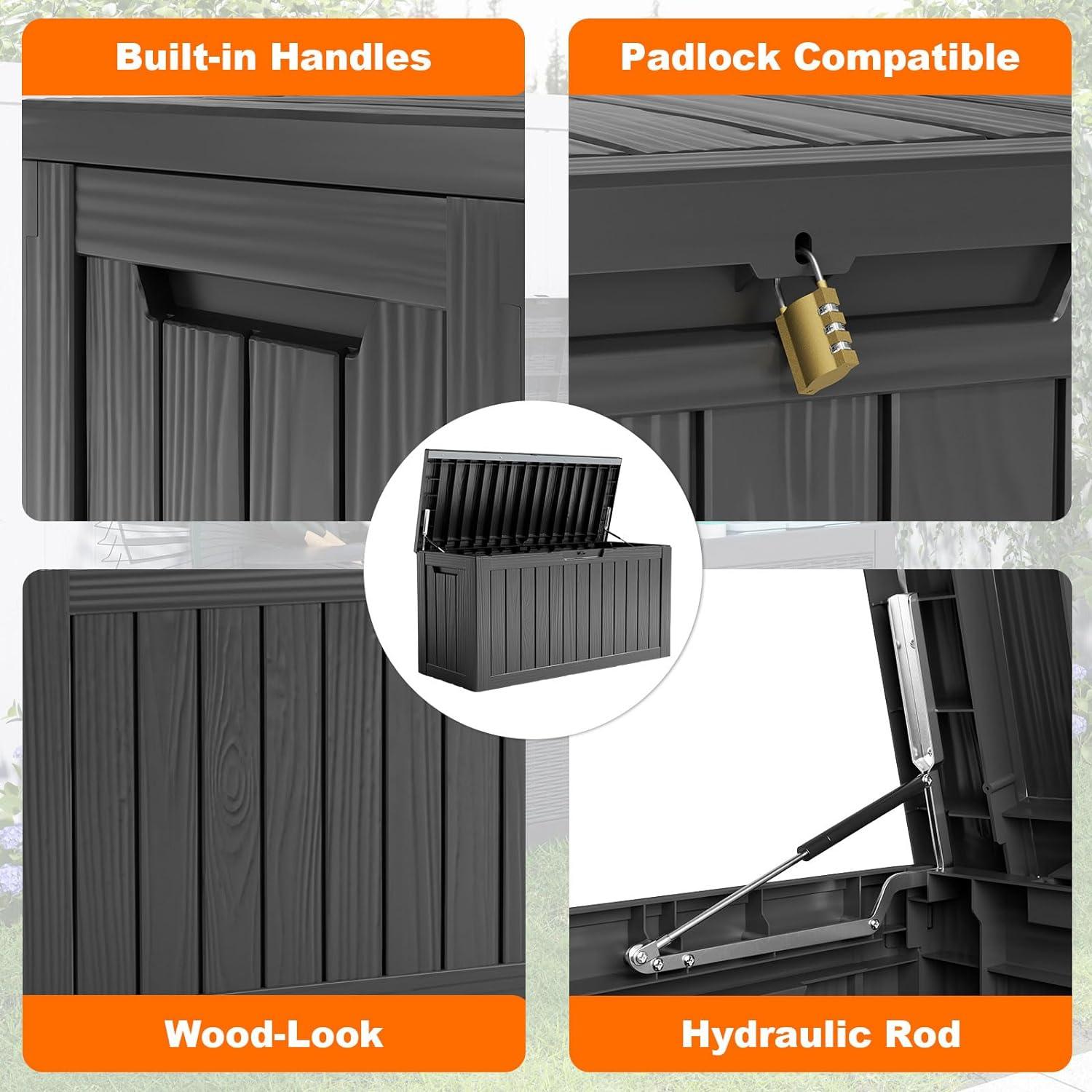 image28 Gallon Resin Deck Box Lockable Patio Outdoor Storage Box for Furniture Garden Tools and Tools Storage Waterproof Outside Storage Boxes  BlackBlack