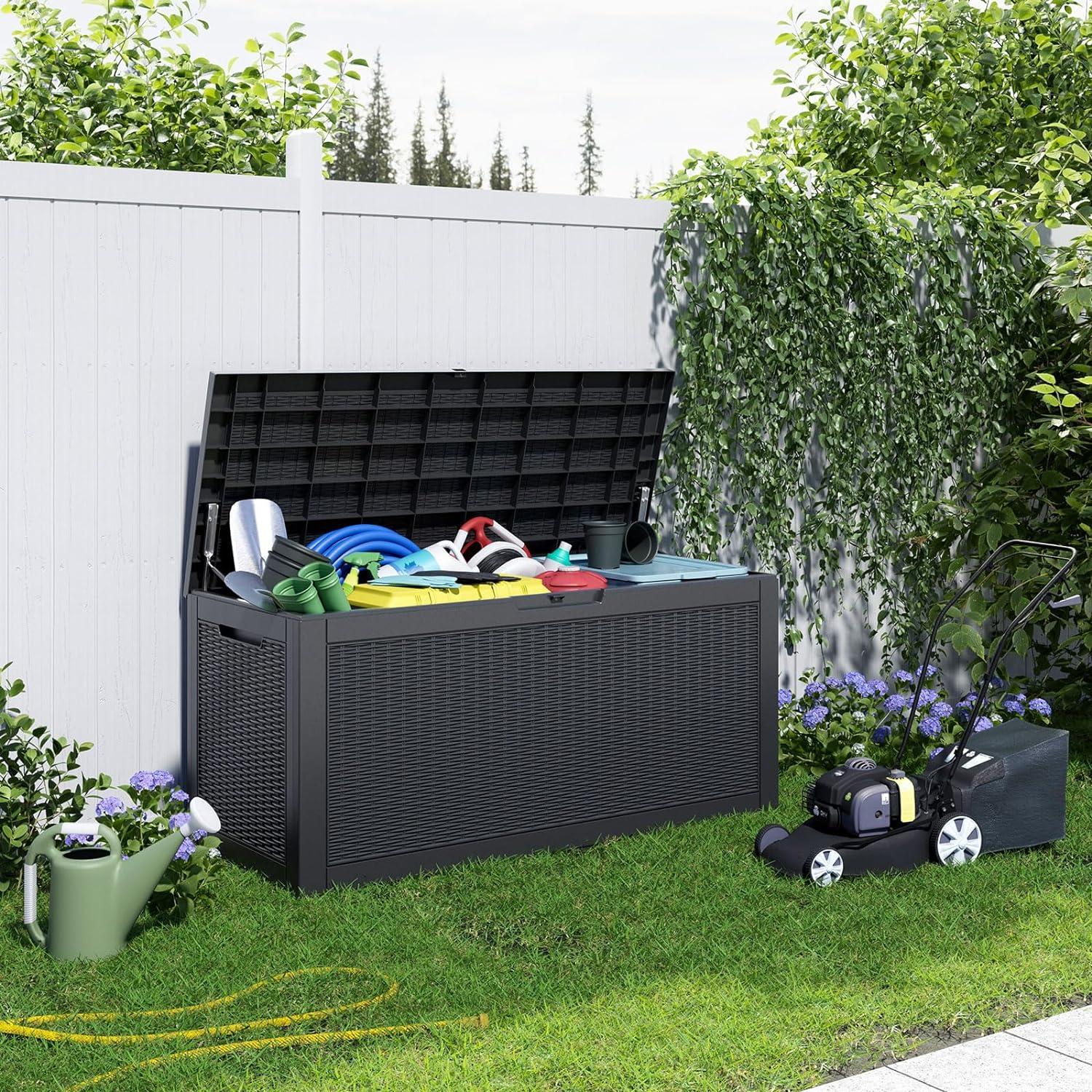 image28 Gallon Resin Deck Box Lockable Patio Outdoor Storage Box for Furniture Garden Tools and Tools Storage Waterproof Outside Storage Boxes  BlackBlack