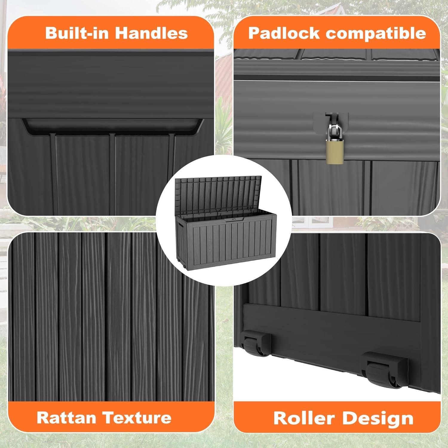 image28 Gallon Resin Deck Box Lockable Patio Outdoor Storage Box for Furniture Garden Tools and Tools Storage Waterproof Outside Storage Boxes  BlackBlack