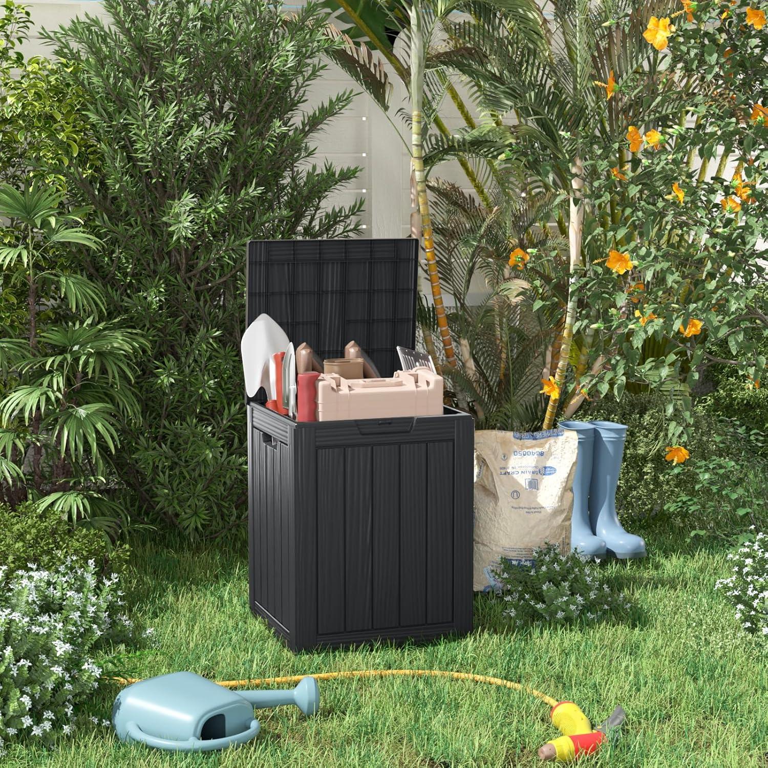 image28 Gallon Resin Deck Box Lockable Patio Outdoor Storage Box for Furniture Garden Tools and Tools Storage Waterproof Outside Storage Boxes  BlackBlack