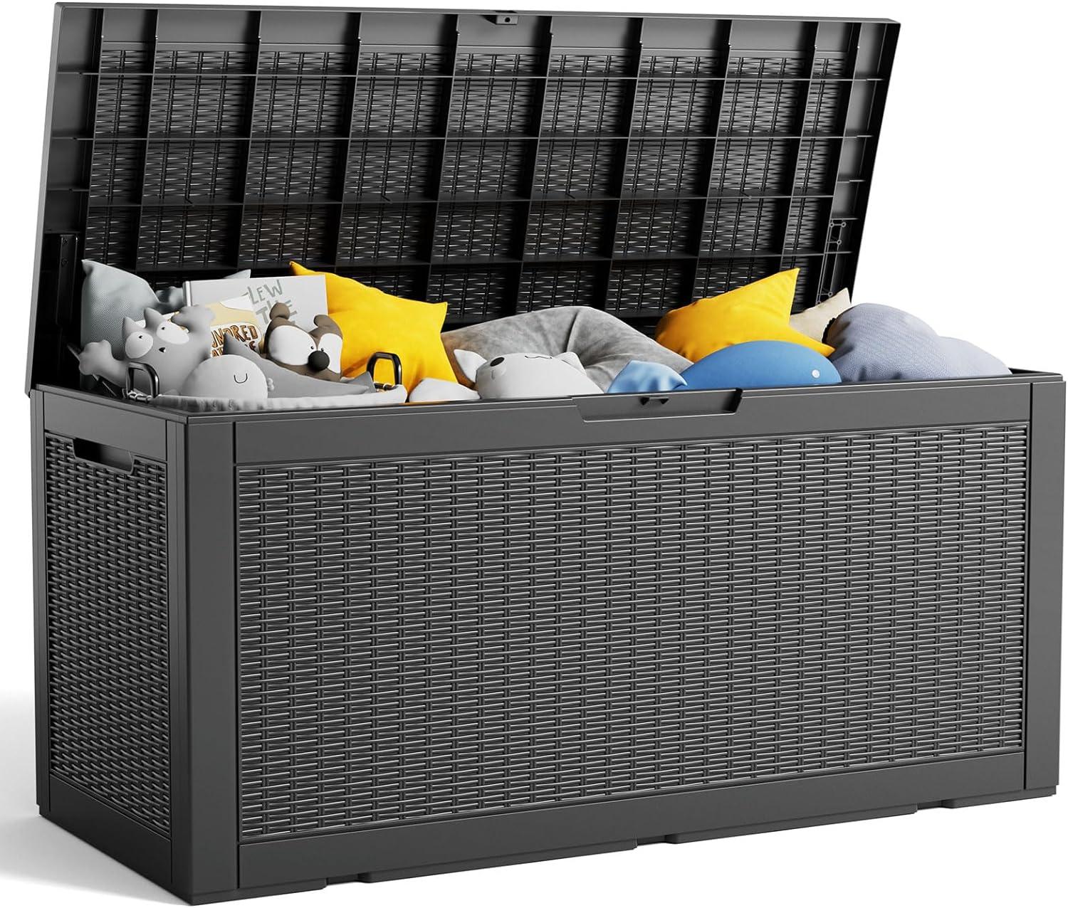 image28 Gallon Resin Deck Box Lockable Patio Outdoor Storage Box for Furniture Garden Tools and Tools Storage Waterproof Outside Storage Boxes  BlackBlack