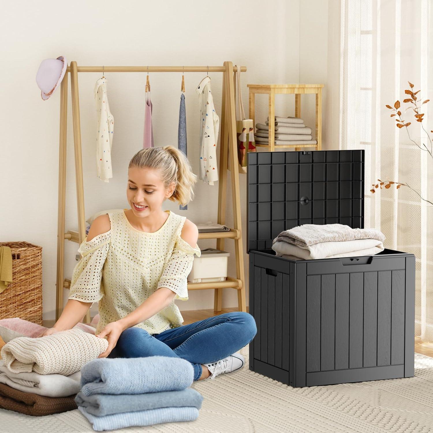 image28 Gallon Resin Deck Box Lockable Patio Outdoor Storage Box for Furniture Garden Tools and Tools Storage Waterproof Outside Storage Boxes  BlackBlack