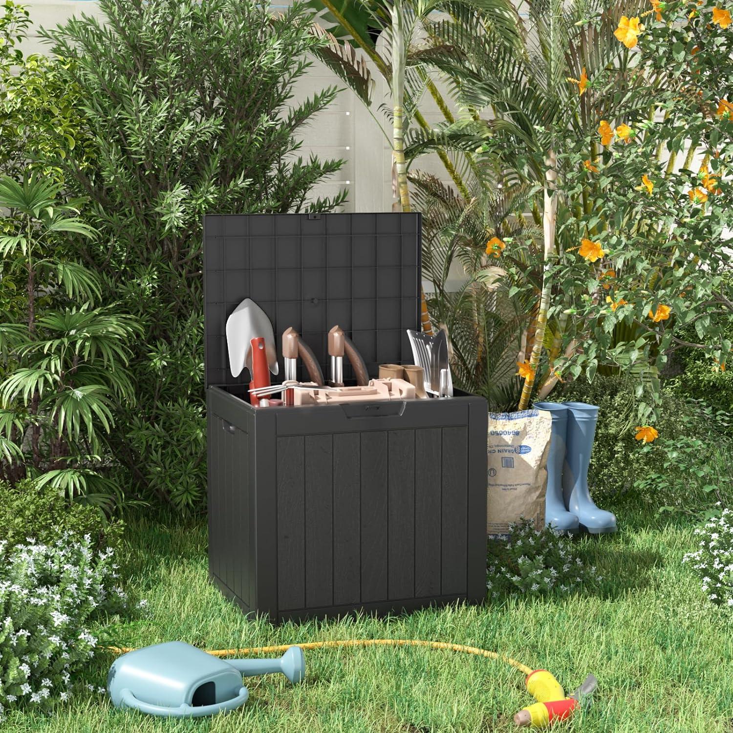 image28 Gallon Resin Deck Box Lockable Patio Outdoor Storage Box for Furniture Garden Tools and Tools Storage Waterproof Outside Storage Boxes  BlackBlack
