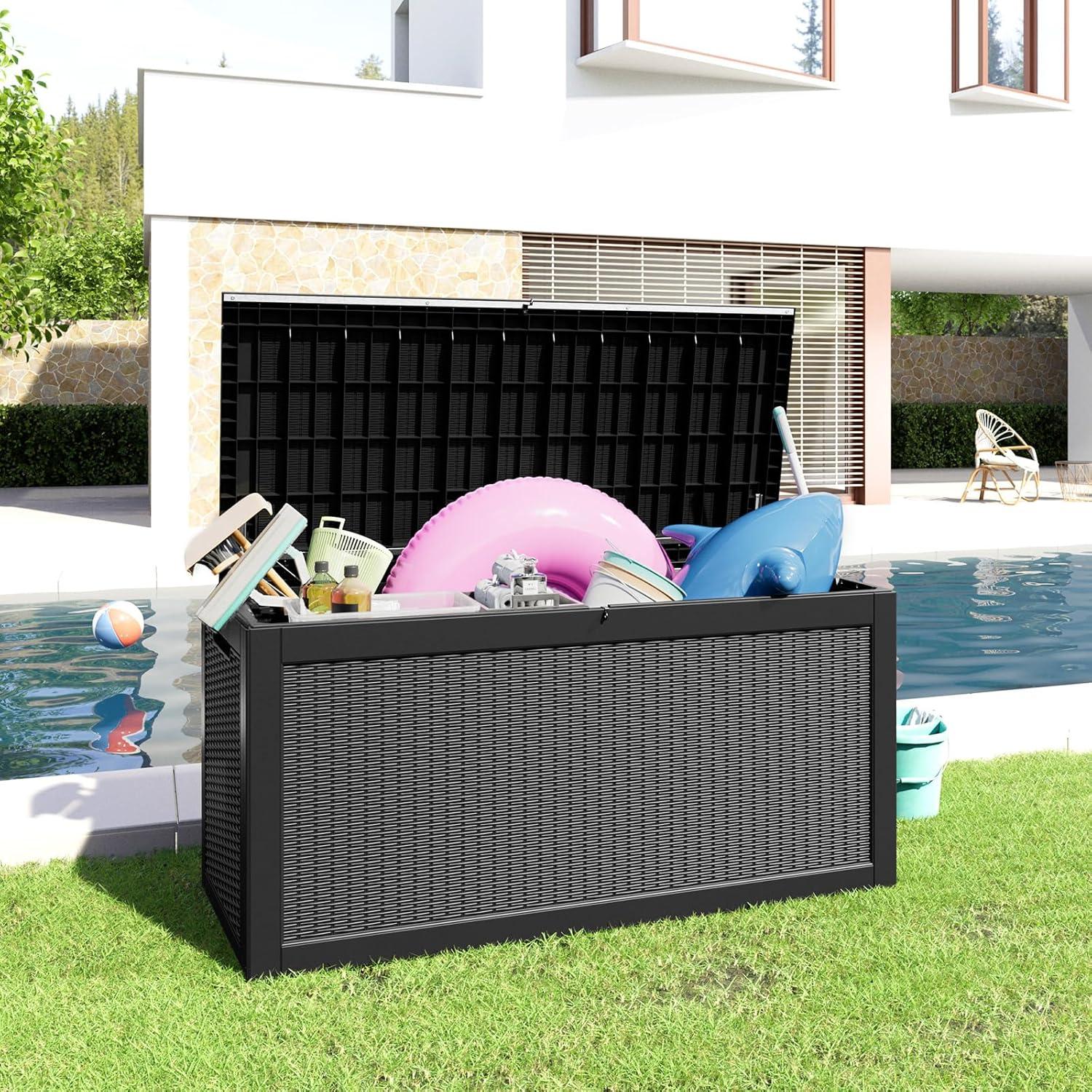 image28 Gallon Resin Deck Box Lockable Patio Outdoor Storage Box for Furniture Garden Tools and Tools Storage Waterproof Outside Storage Boxes  BlackBlack