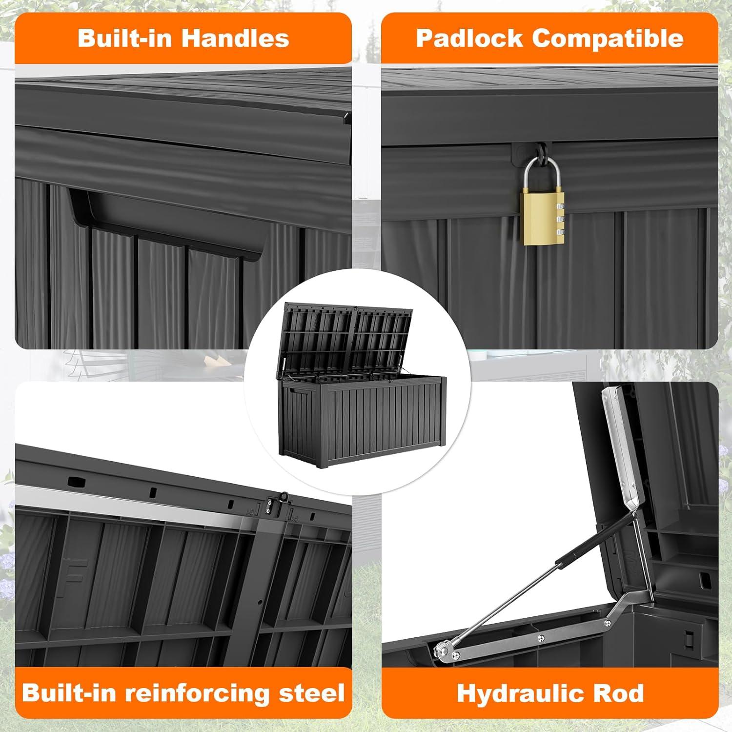 image28 Gallon Resin Deck Box Lockable Patio Outdoor Storage Box for Furniture Garden Tools and Tools Storage Waterproof Outside Storage Boxes  BlackBlack