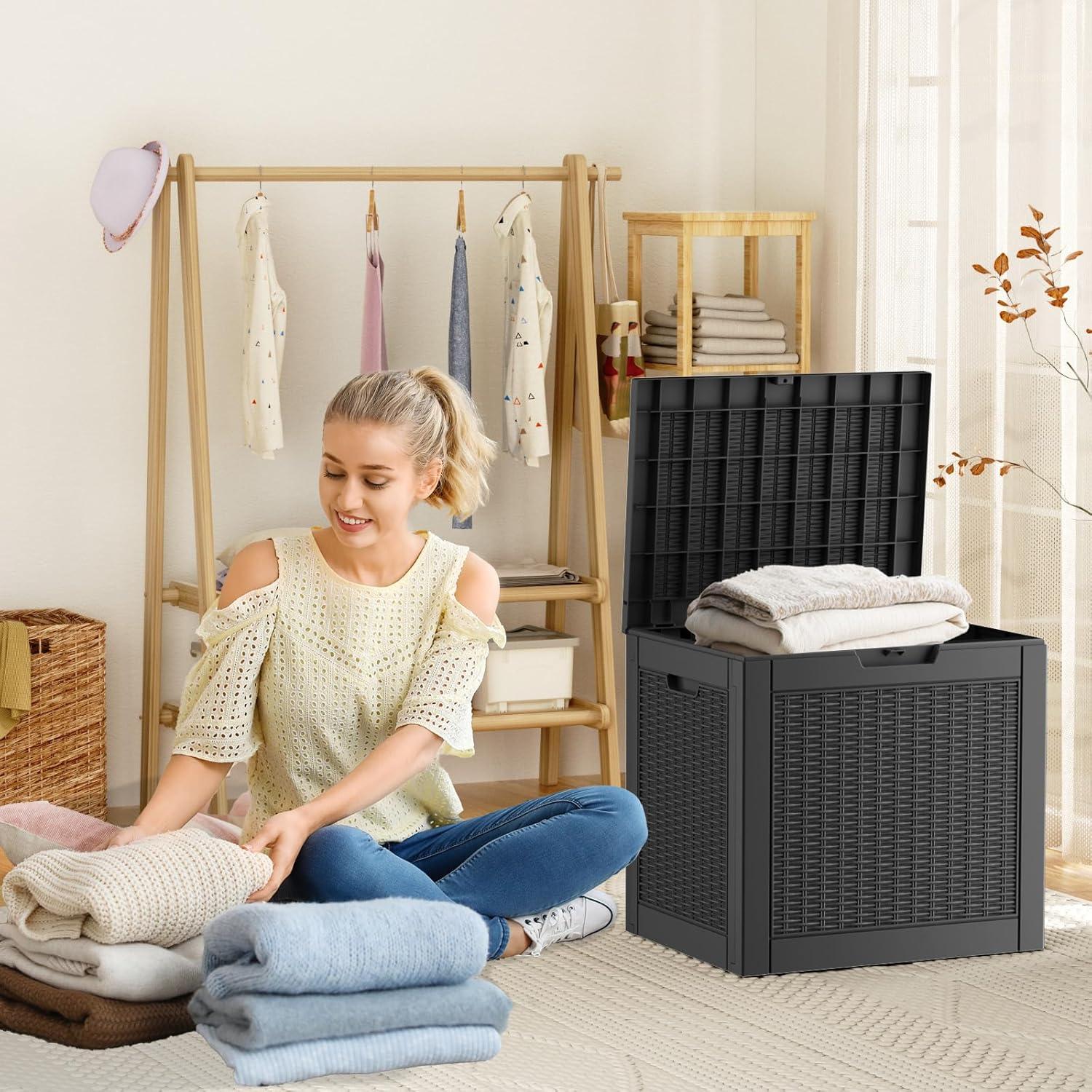 image28 Gallon Resin Deck Box Lockable Patio Outdoor Storage Box for Furniture Garden Tools and Tools Storage Waterproof Outside Storage Boxes  BlackBlack