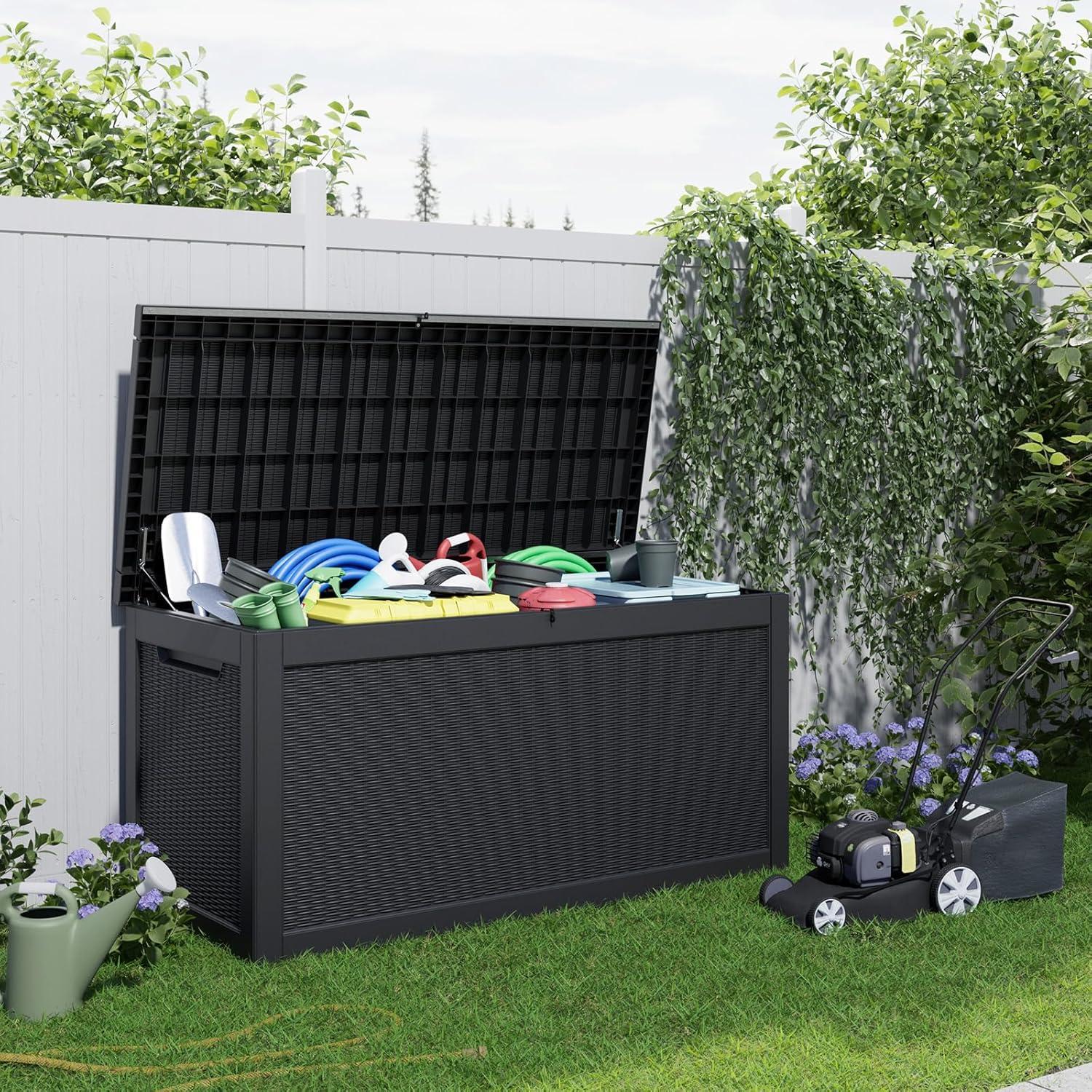 image28 Gallon Resin Deck Box Lockable Patio Outdoor Storage Box for Furniture Garden Tools and Tools Storage Waterproof Outside Storage Boxes  BlackBlack