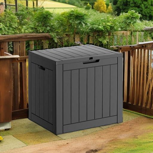 image28 Gallon Resin Deck Box Lockable Patio Outdoor Storage Box for Furniture Garden Tools and Tools Storage Waterproof Outside Storage Boxes  BlackBlack