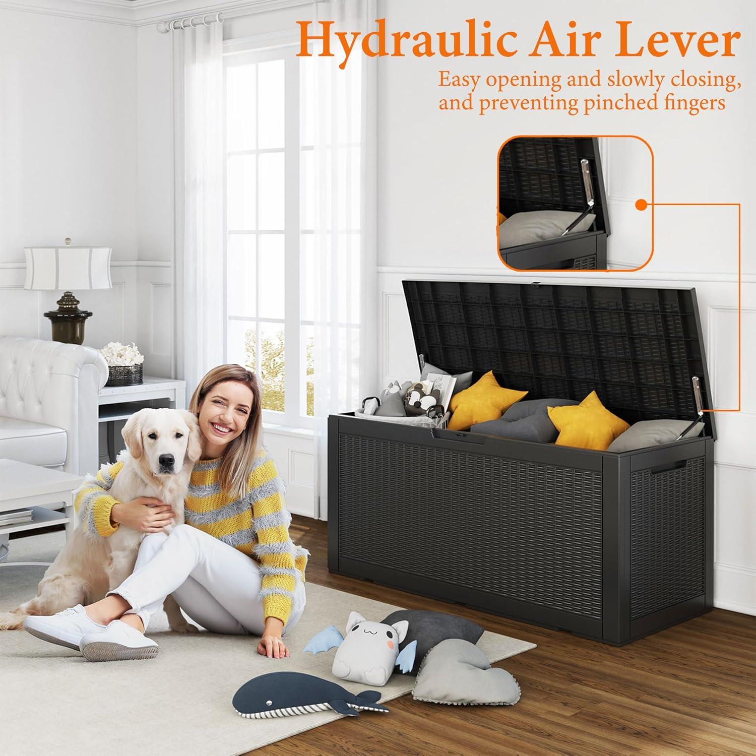 image28 Gallon Resin Deck Box Lockable Patio Outdoor Storage Box for Furniture Garden Tools and Tools Storage Waterproof Outside Storage Boxes  BlackBlack