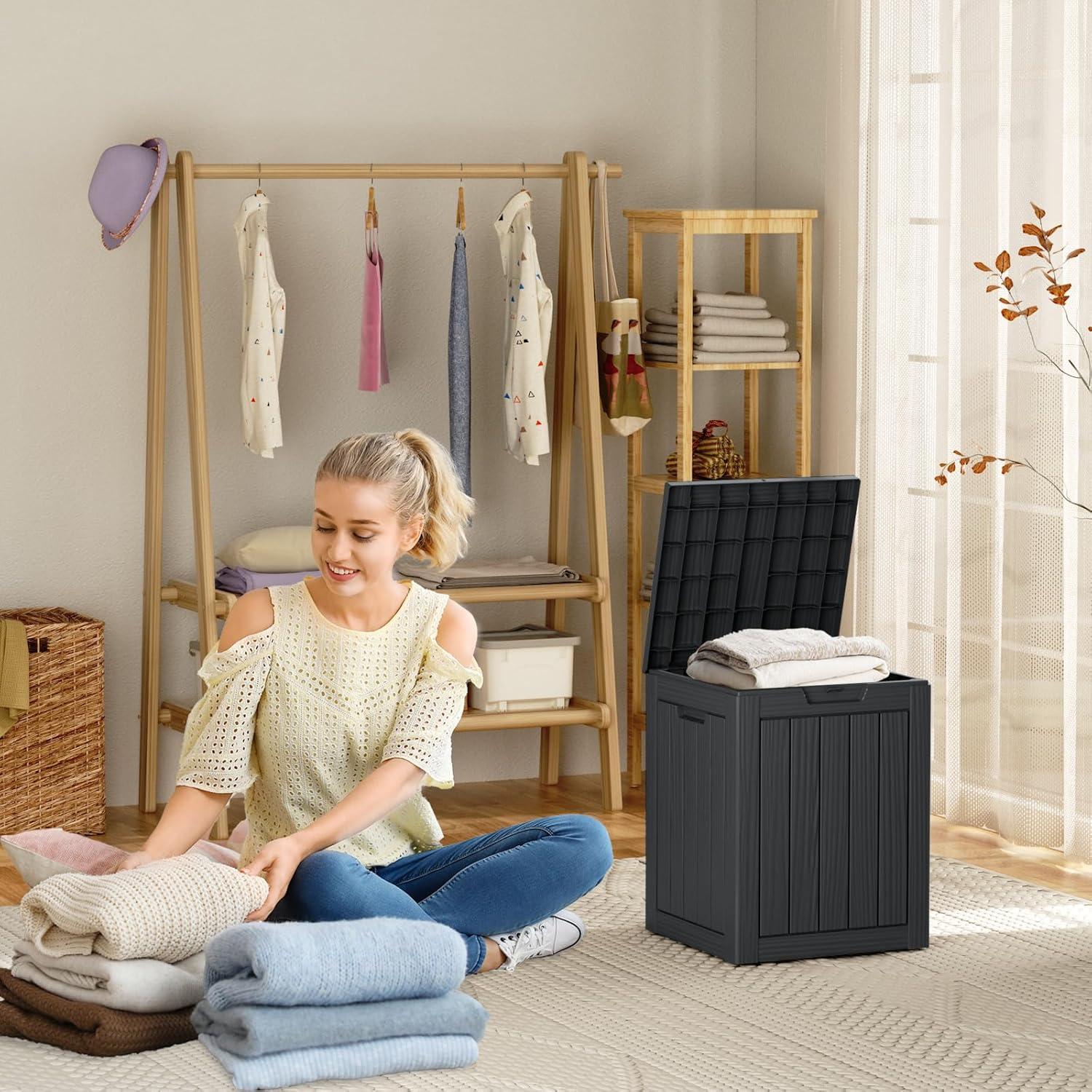 image28 Gallon Resin Deck Box Lockable Patio Outdoor Storage Box for Furniture Garden Tools and Tools Storage Waterproof Outside Storage Boxes  BlackBlack