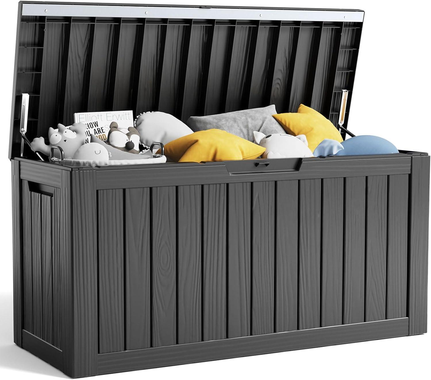 image28 Gallon Resin Deck Box Lockable Patio Outdoor Storage Box for Furniture Garden Tools and Tools Storage Waterproof Outside Storage Boxes  BlackBlack