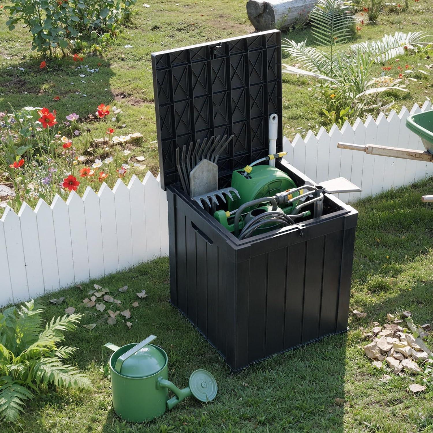 image28 Gallon Resin Deck Box Lockable Patio Outdoor Storage Box for Furniture Garden Tools and Tools Storage Waterproof Outside Storage Boxes  BlackBlack