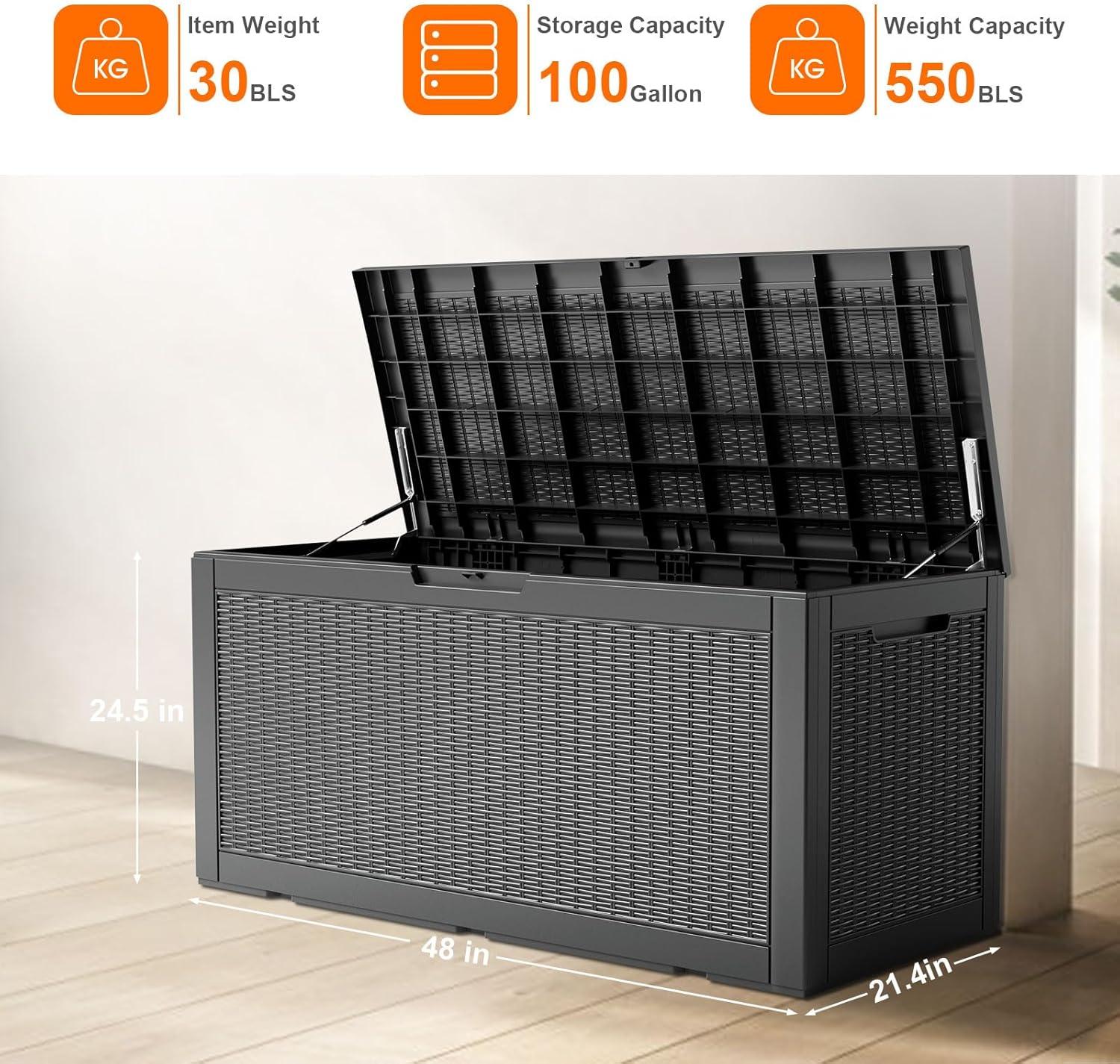 image28 Gallon Resin Deck Box Lockable Patio Outdoor Storage Box for Furniture Garden Tools and Tools Storage Waterproof Outside Storage Boxes  BlackBlack