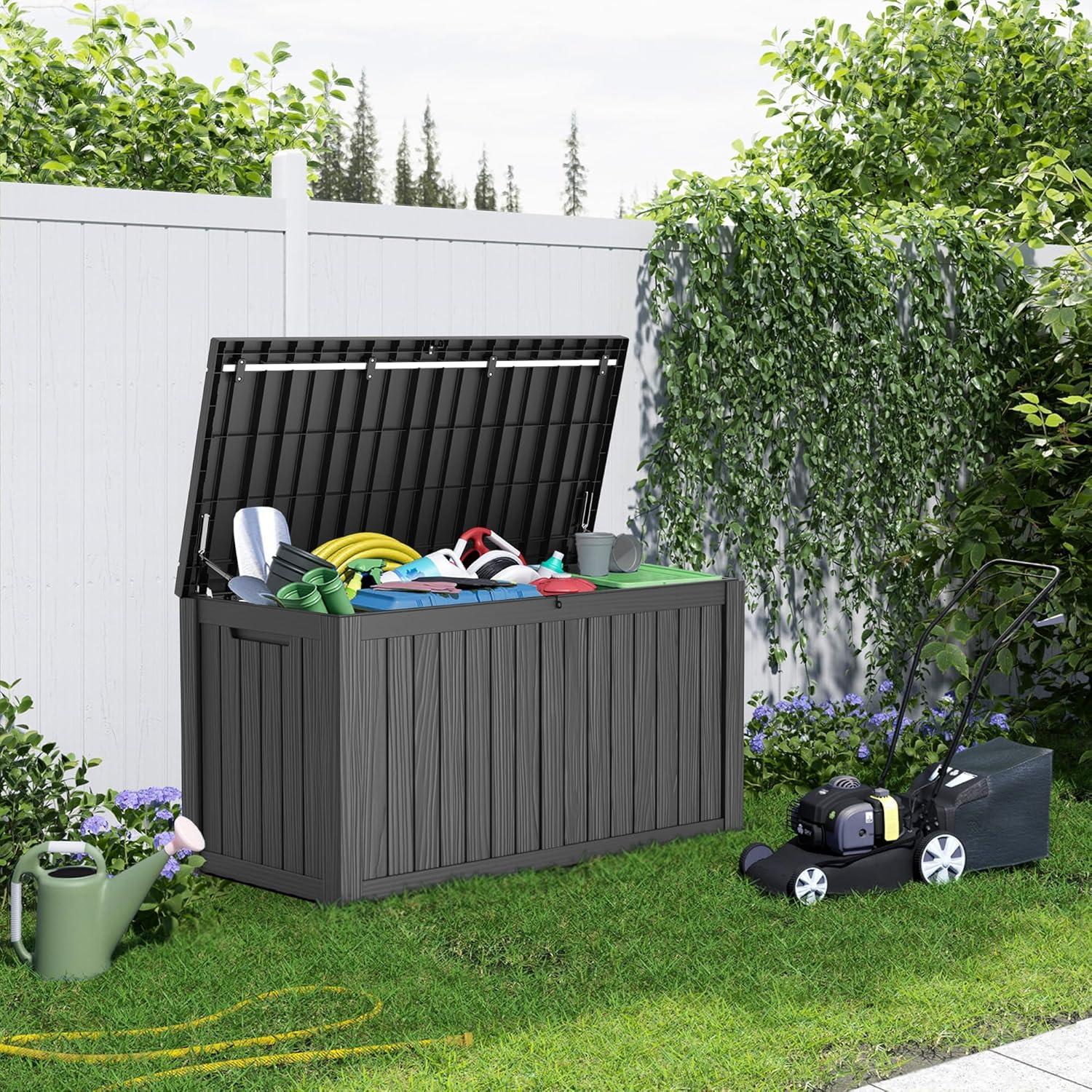 image28 Gallon Resin Deck Box Lockable Patio Outdoor Storage Box for Furniture Garden Tools and Tools Storage Waterproof Outside Storage Boxes  BlackBlack