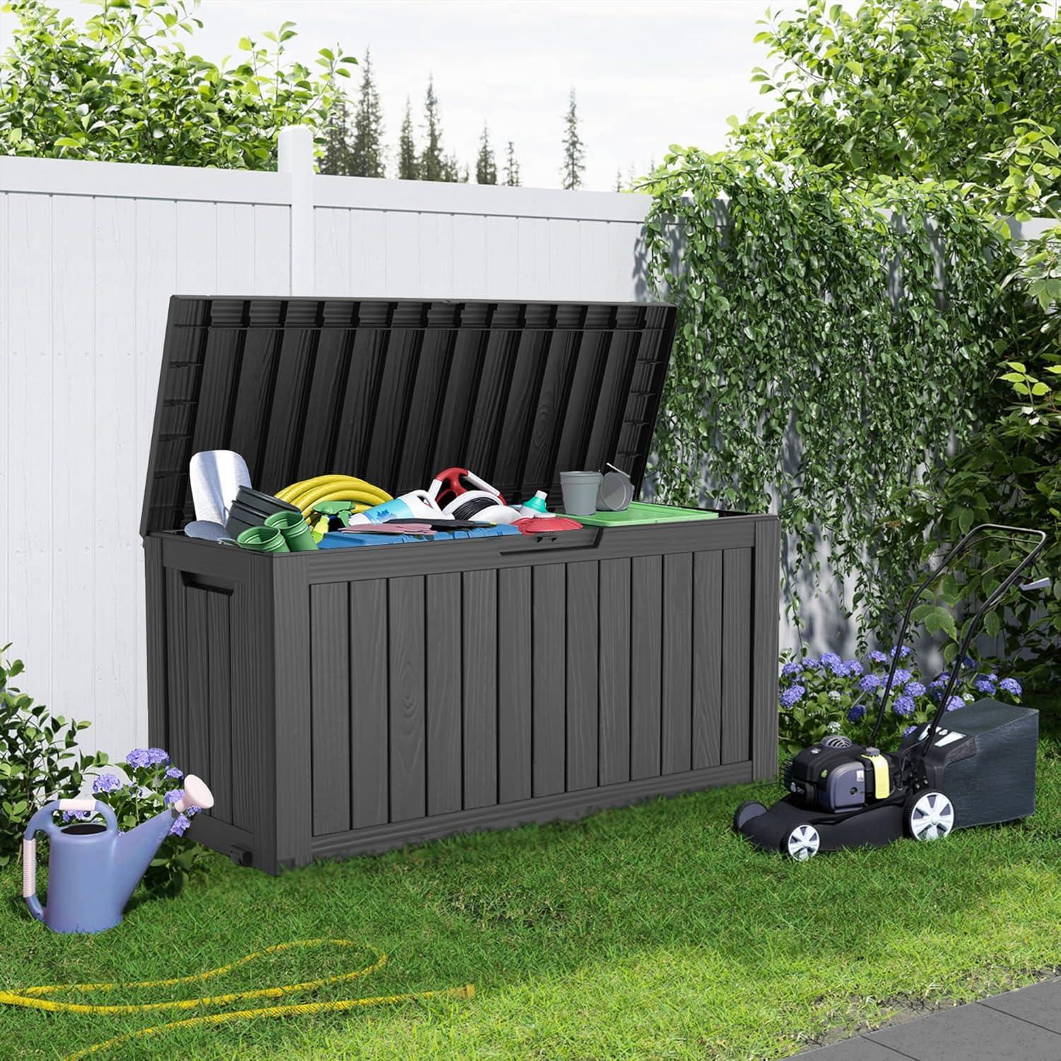 image28 Gallon Resin Deck Box Lockable Patio Outdoor Storage Box for Furniture Garden Tools and Tools Storage Waterproof Outside Storage Boxes  BlackBlack