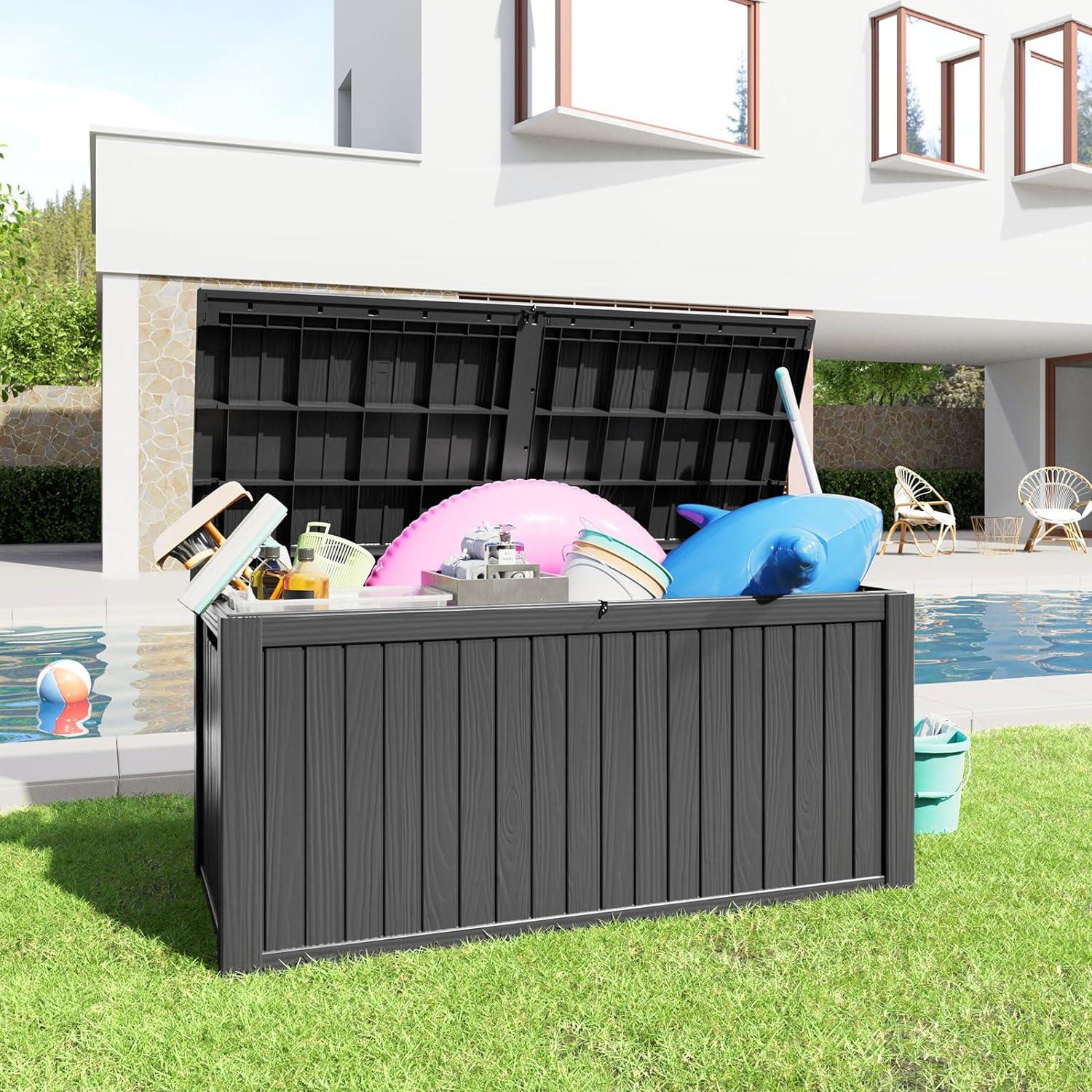 image28 Gallon Resin Deck Box Lockable Patio Outdoor Storage Box for Furniture Garden Tools and Tools Storage Waterproof Outside Storage Boxes  BlackBlack
