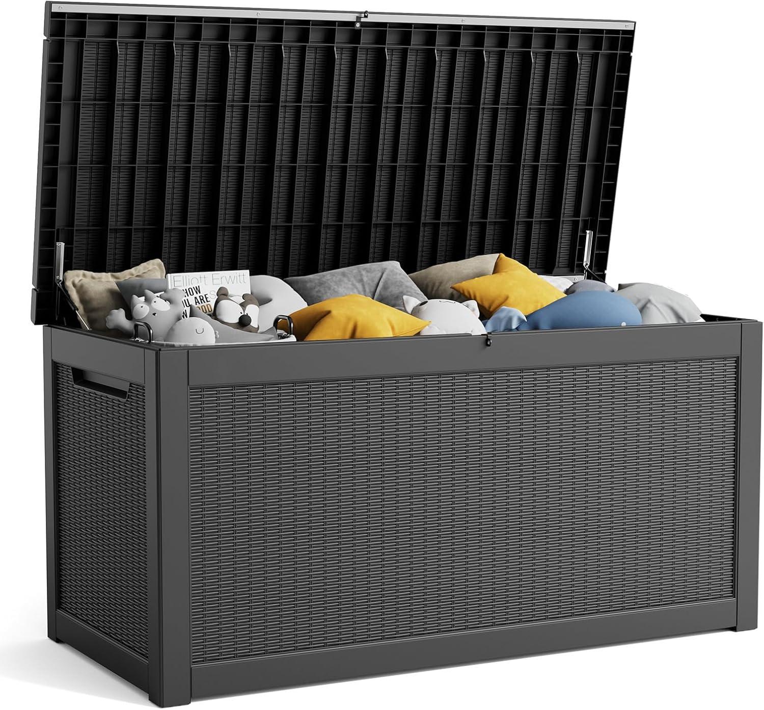 image28 Gallon Resin Deck Box Lockable Patio Outdoor Storage Box for Furniture Garden Tools and Tools Storage Waterproof Outside Storage Boxes  BlackBlack